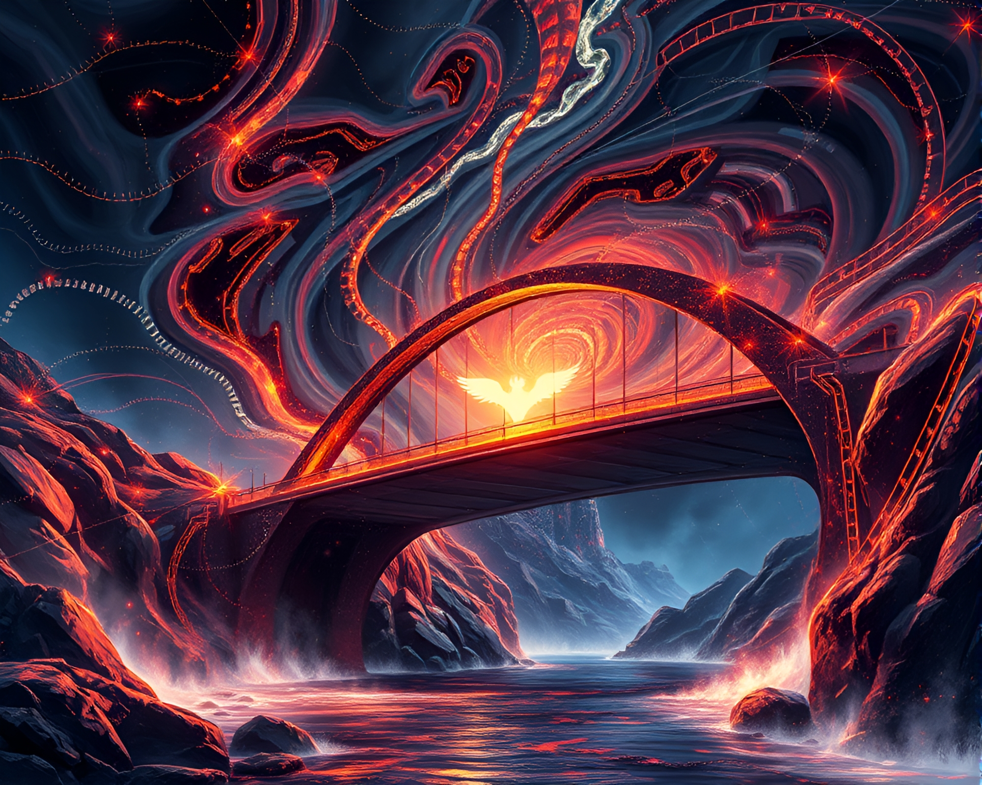 Cybernetic Arch Bridge over Swirling Vortex – free AI stock image