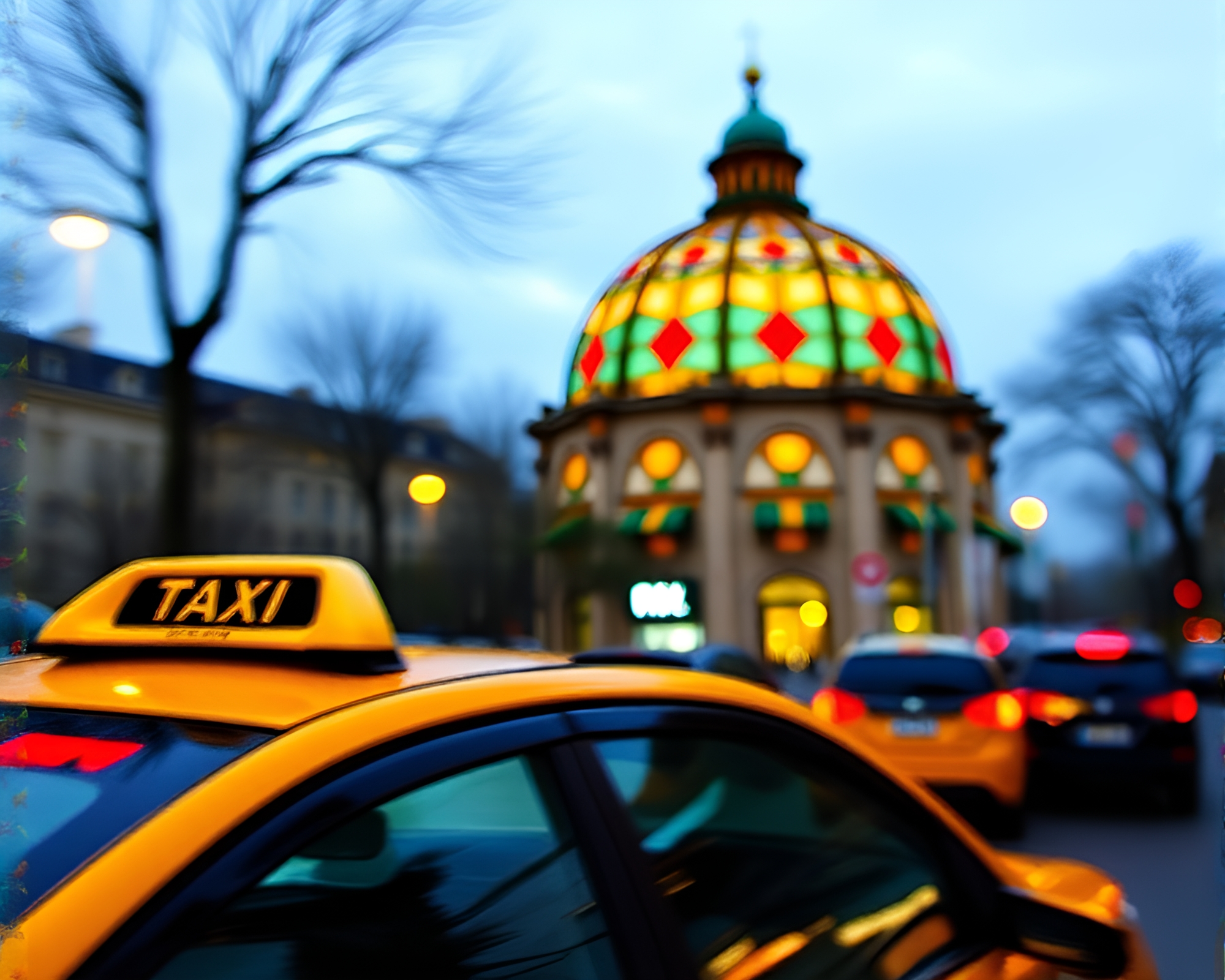 Taxi Blur Streak Through Stained Glass Dome – free AI stock image