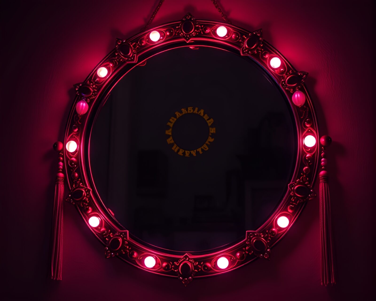 Concept art of a haunted mirror surrounded by glowing beadwork