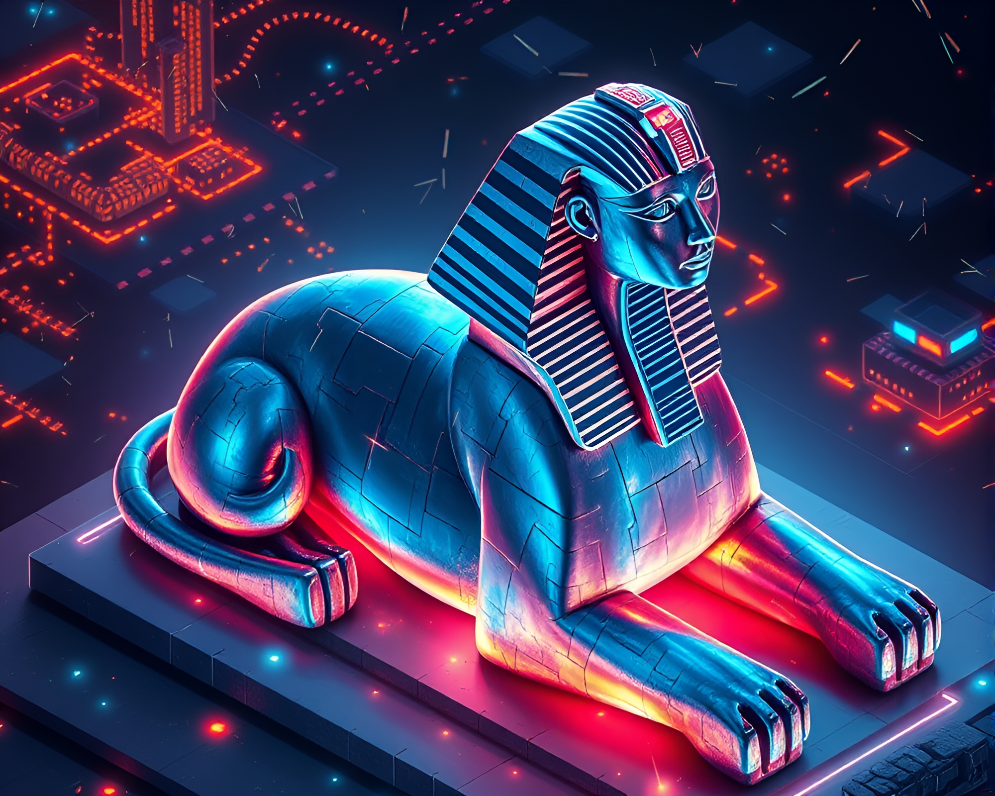 Glowing Neon Sphinx Statue with Metallic Scratches – free AI stock image