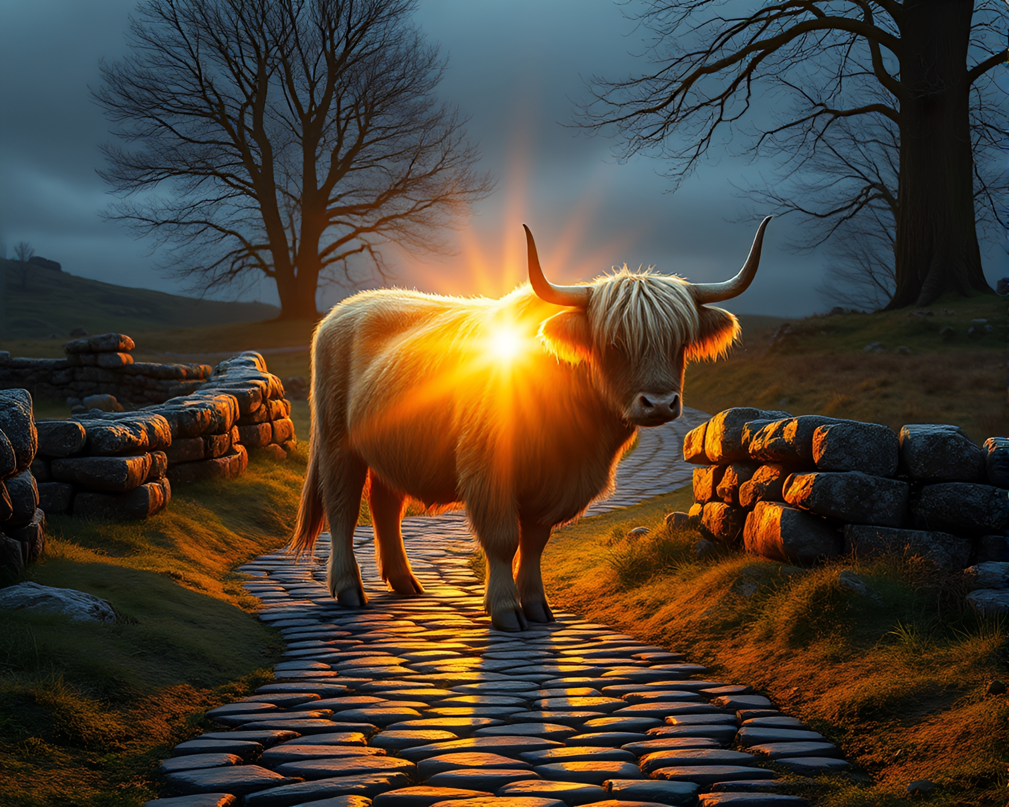 Highland Cow Walking on Cobblestone Path in Solar Flare Glow – free AI stock image