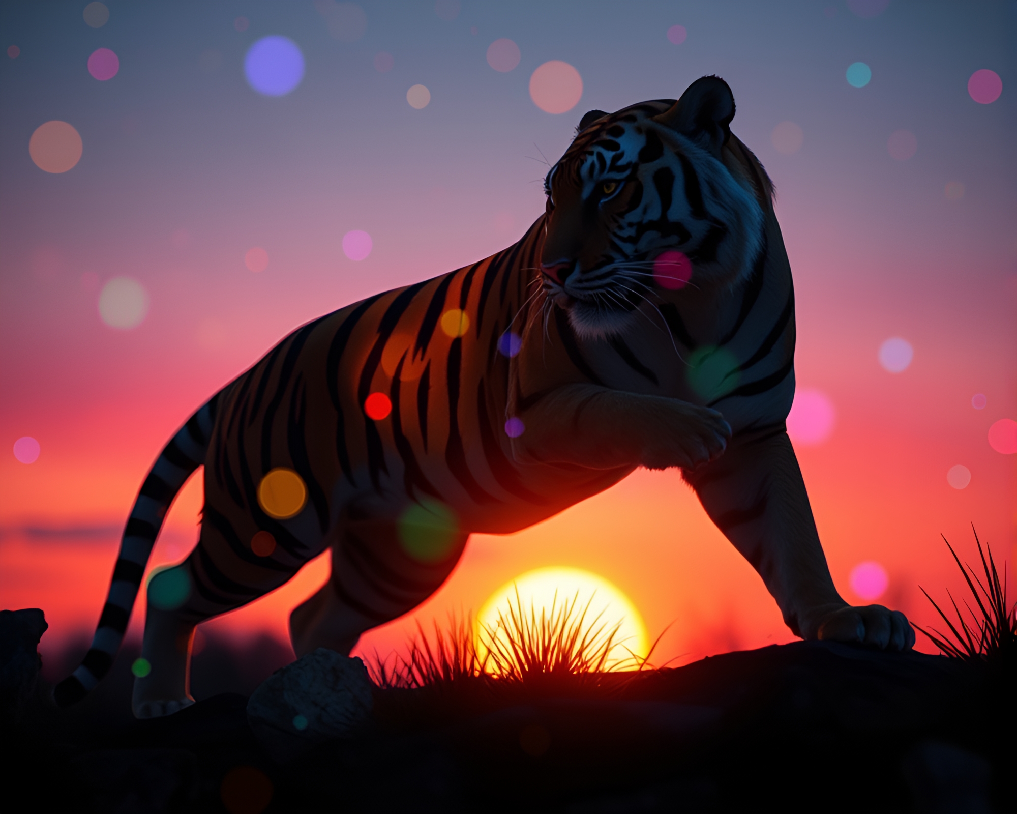Tiger hologram in sunset sky stop-motion still – free AI stock image
