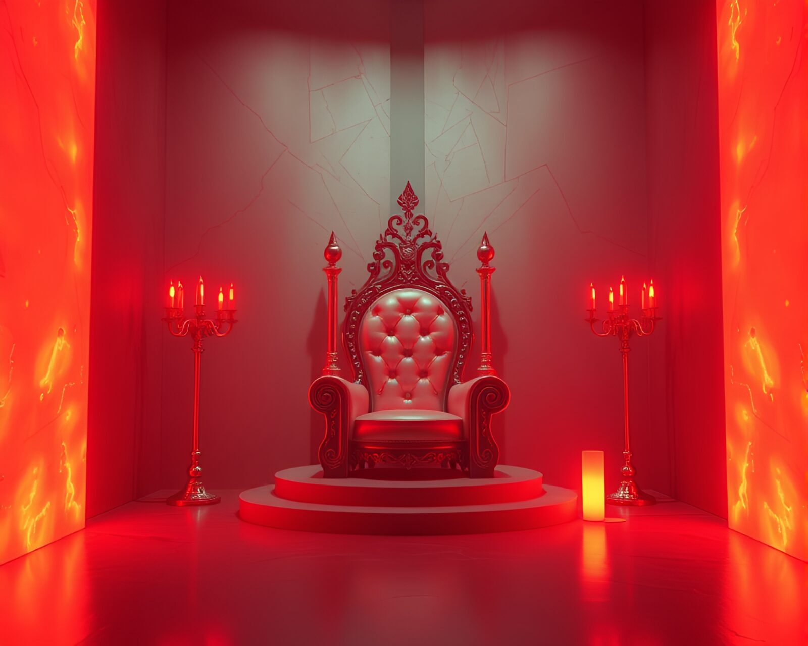 Modern cubist artwork of a glowing apple cider throne room