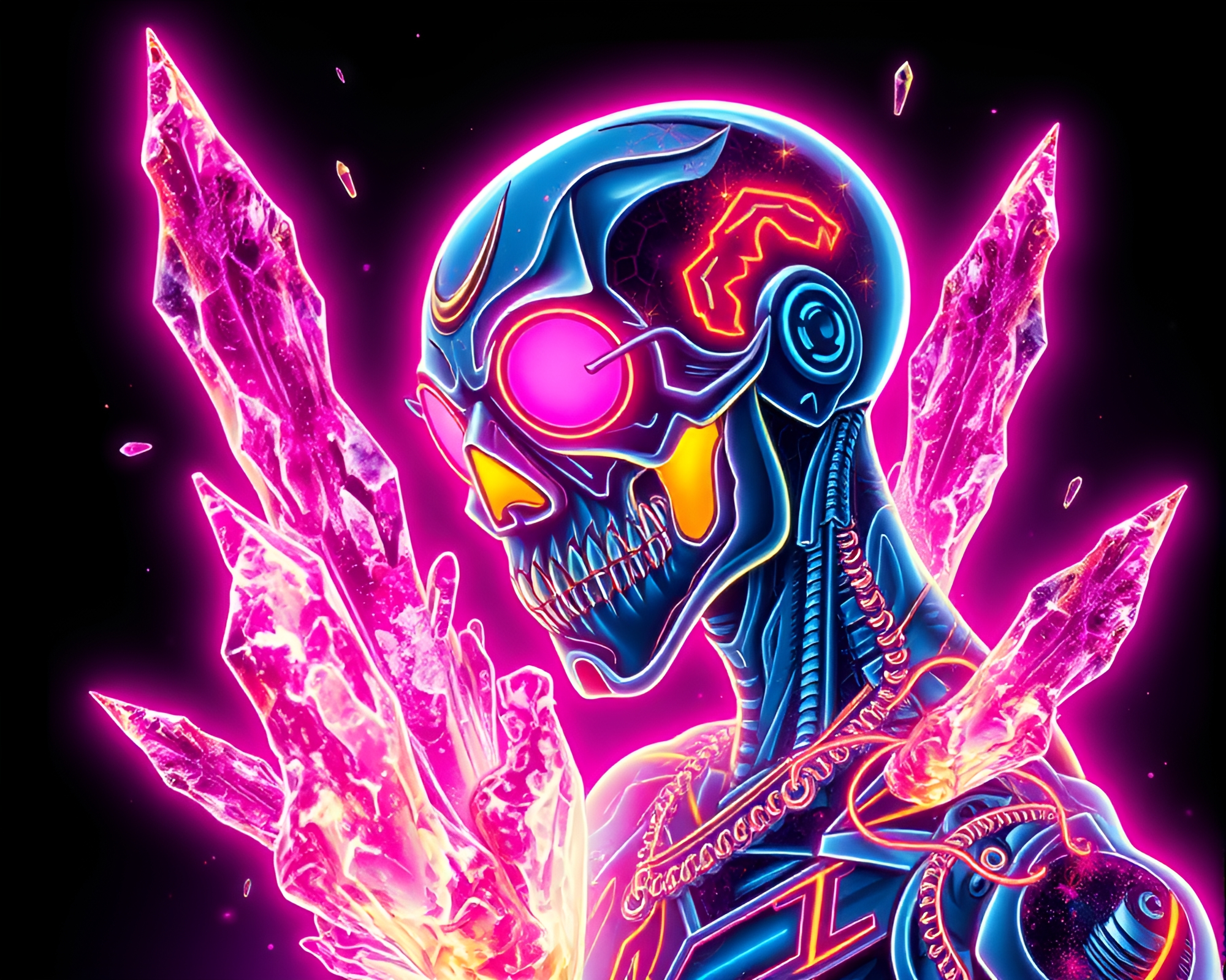 Neon Cyborg Surrounded by Ice Crystal Compositions – free AI stock image