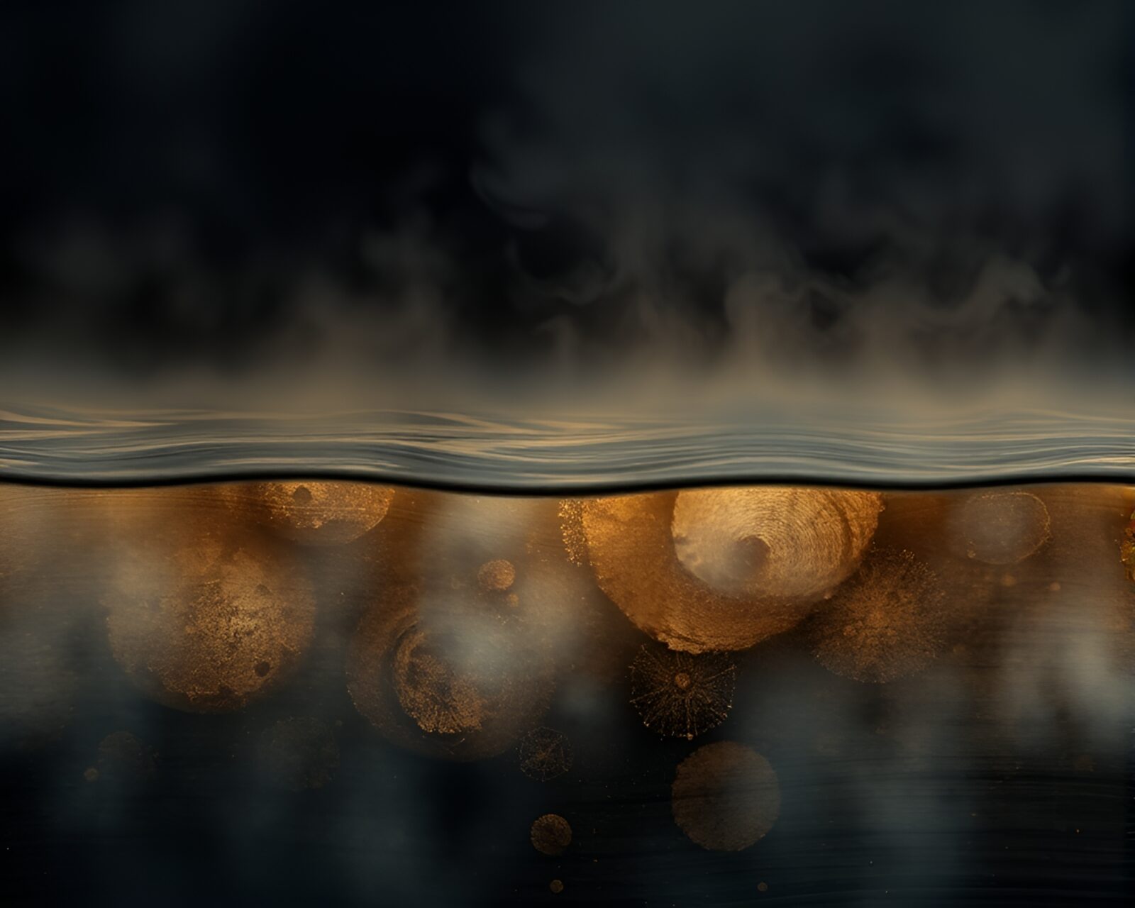 Surreal underwater scene with intricate wood patterns and misty atmosphere