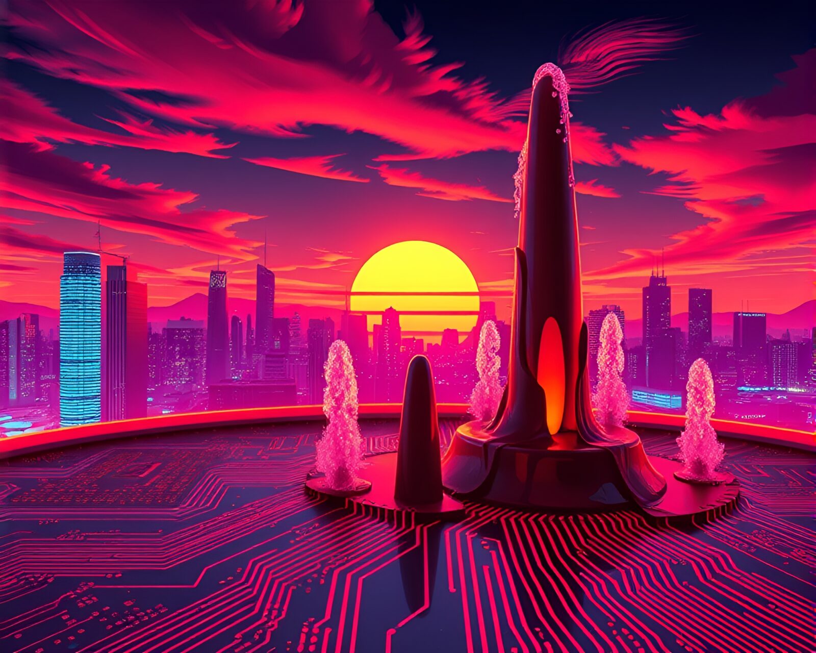 Futuristic skyline with neon chocolate fountain on circuit board