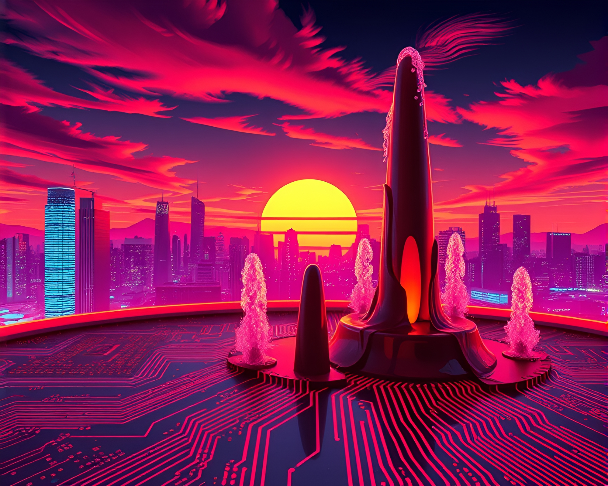 Synthetic Chocolate Fountain amidst Glowing Circuit Board at Dusk – free AI stock image