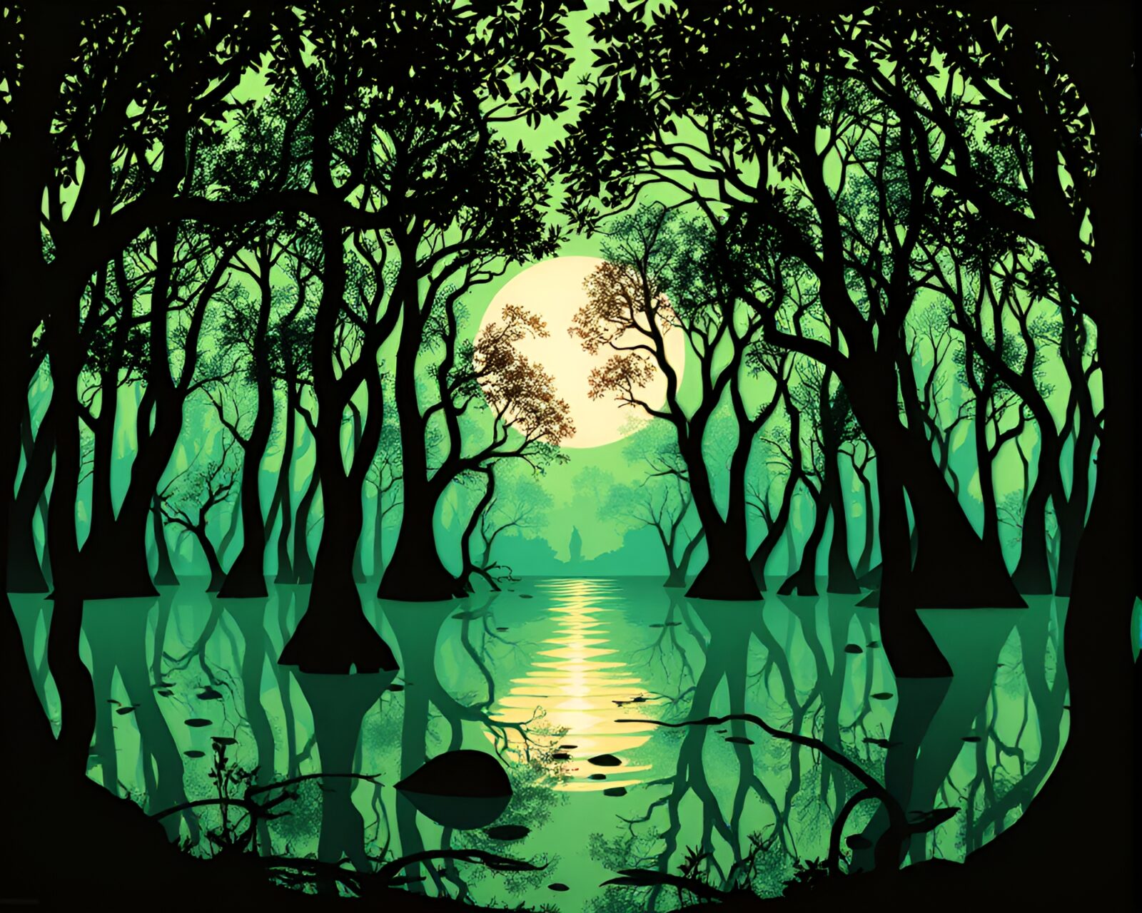 Backlit cutout silhouette of mangrove swamp in sapphire tones