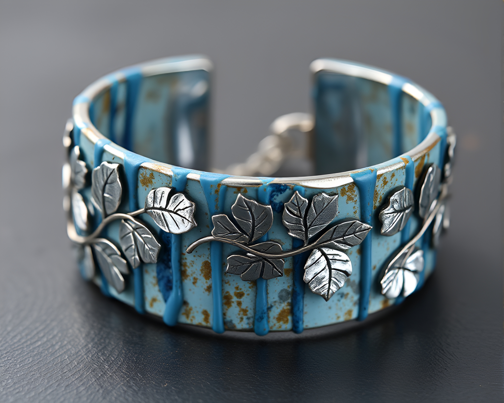 Arctic Blue Bracelet with Silver Leaf Accents – free AI stock image