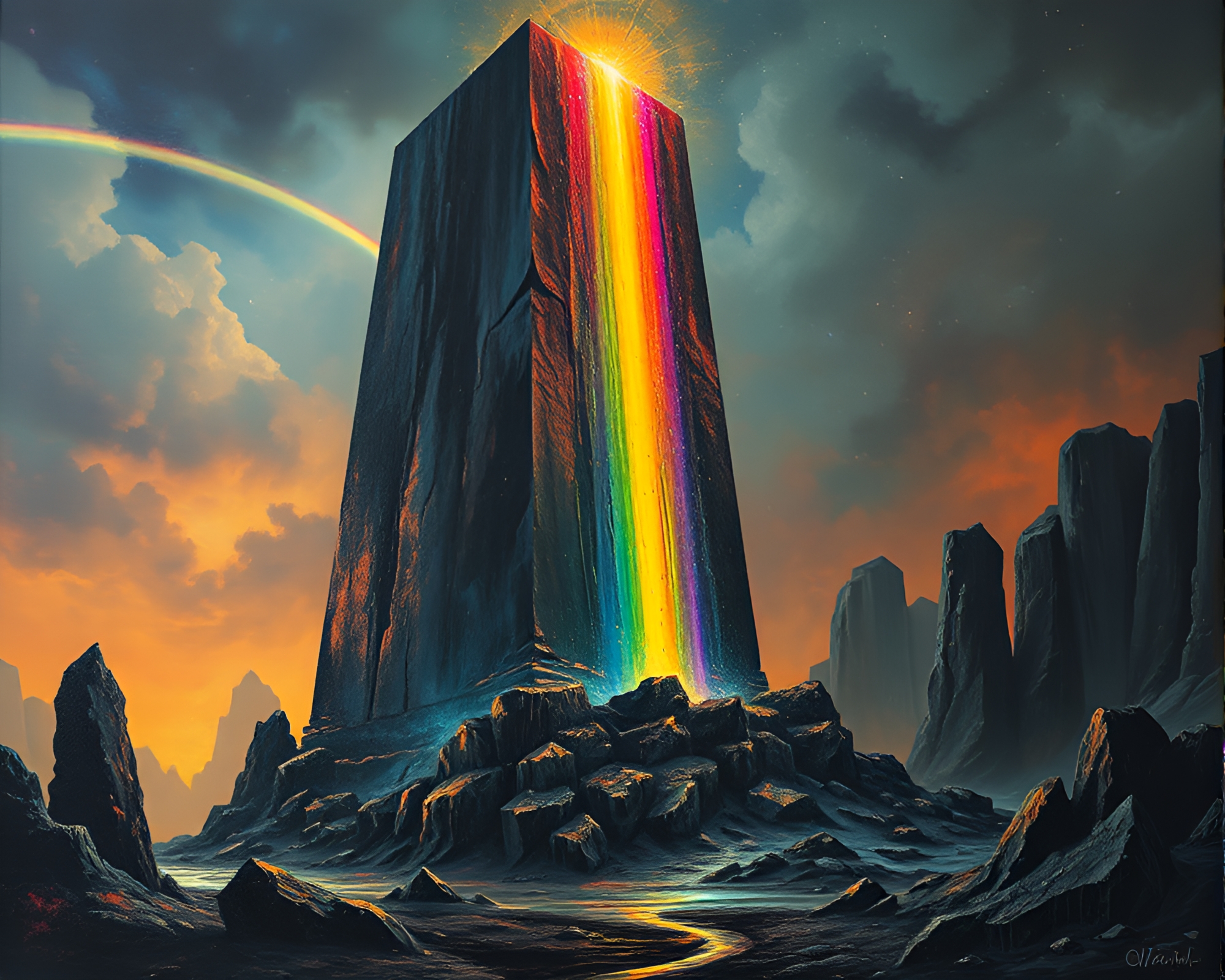Oil Slick Rainbow Monolith in Dungeon Torchlight – free AI stock image