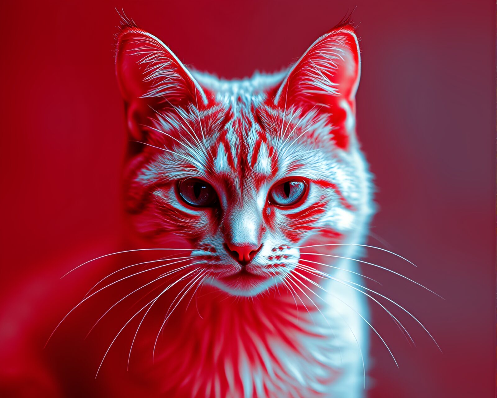 Surreal image of a cat in red-blue hues with dust