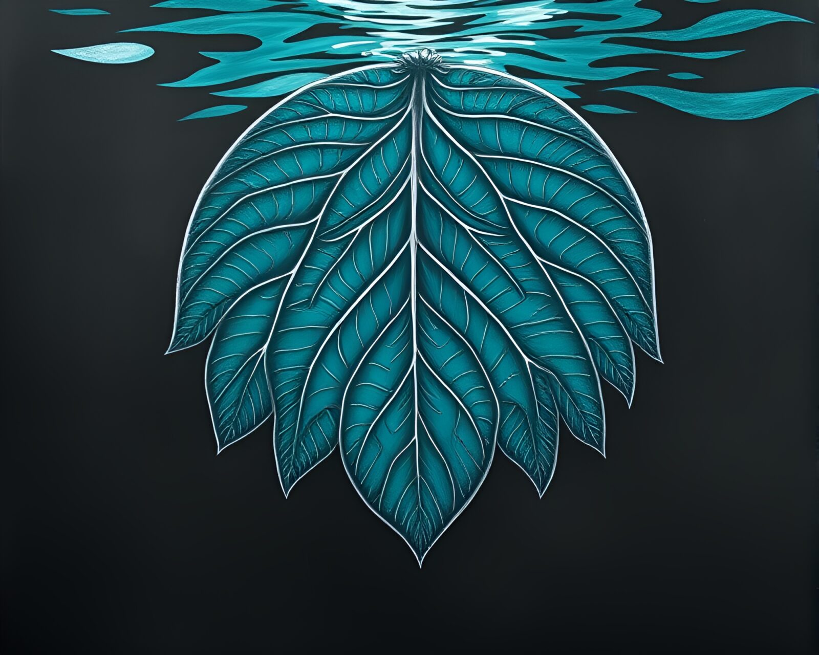 Soothing teal underwater scene with detailed leaf vein pattern illustration