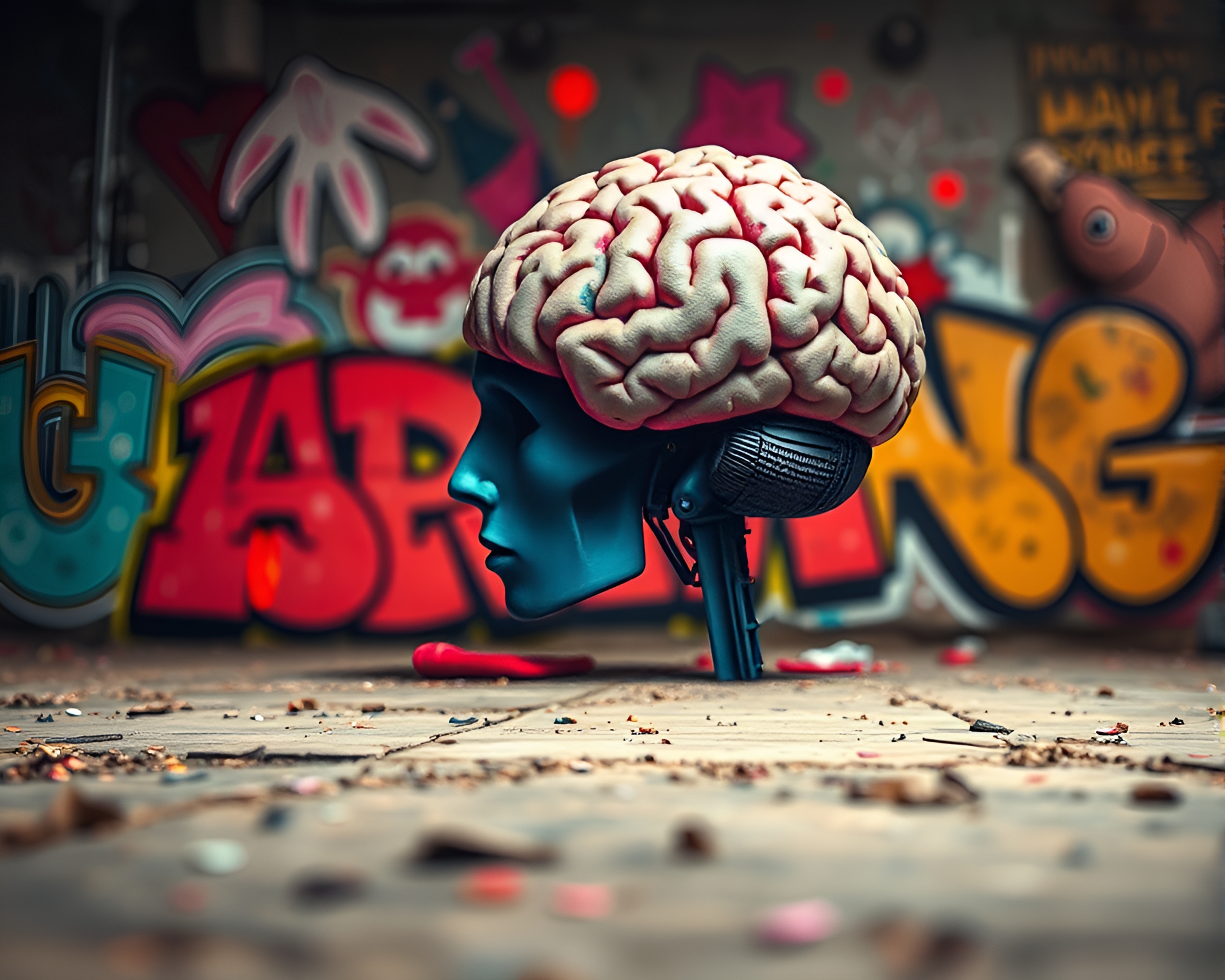 Futuristic AI Brain Graffiti Composition – free AI stock image
