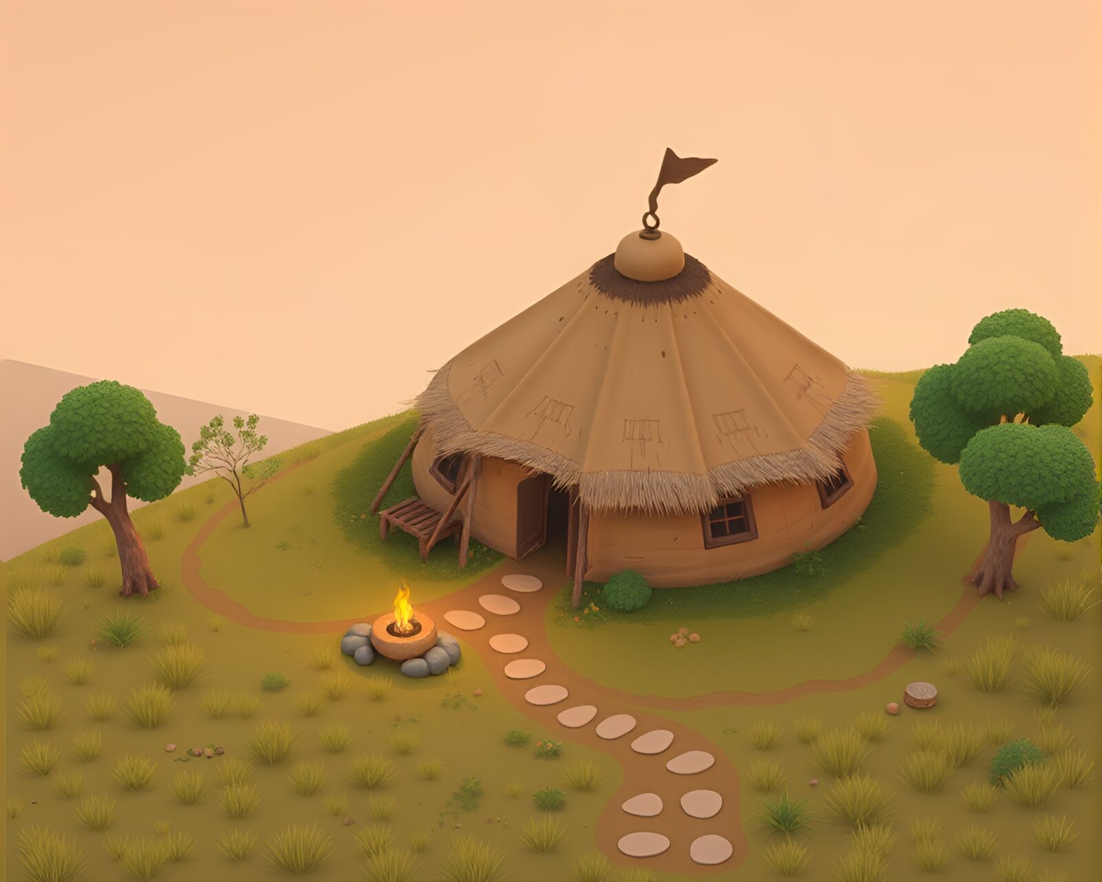 Flat design image of a mud hut with peachy glow lighting