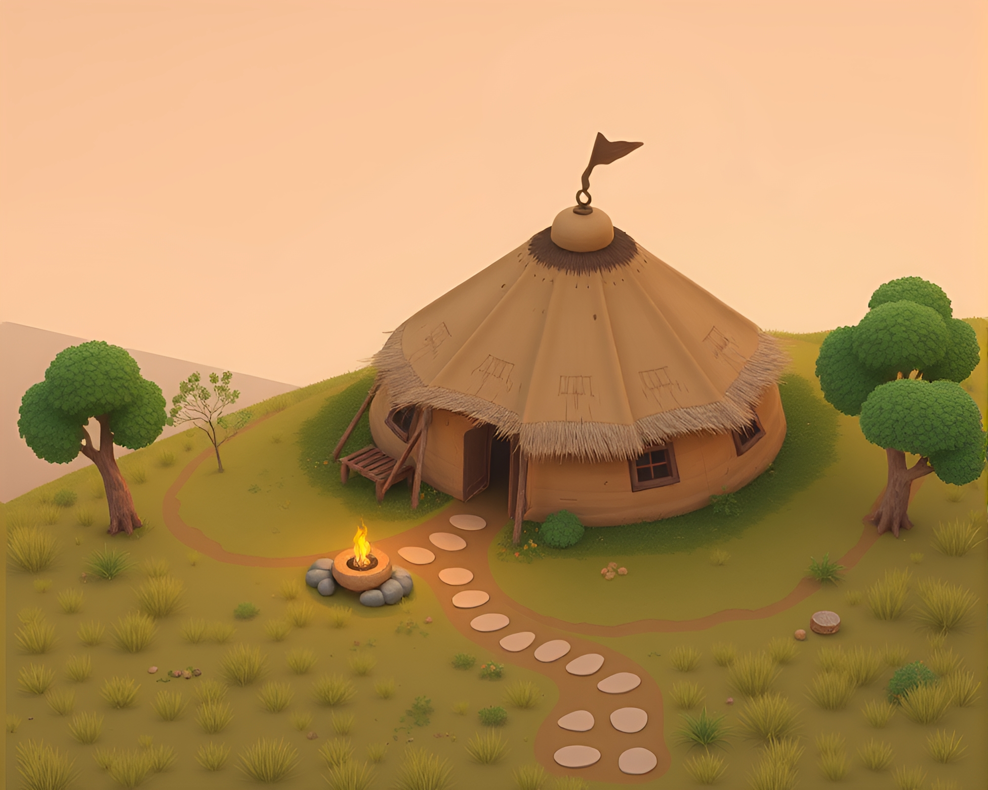 Peachy Glow Over Mud Hut in High-Angle View – free AI stock image