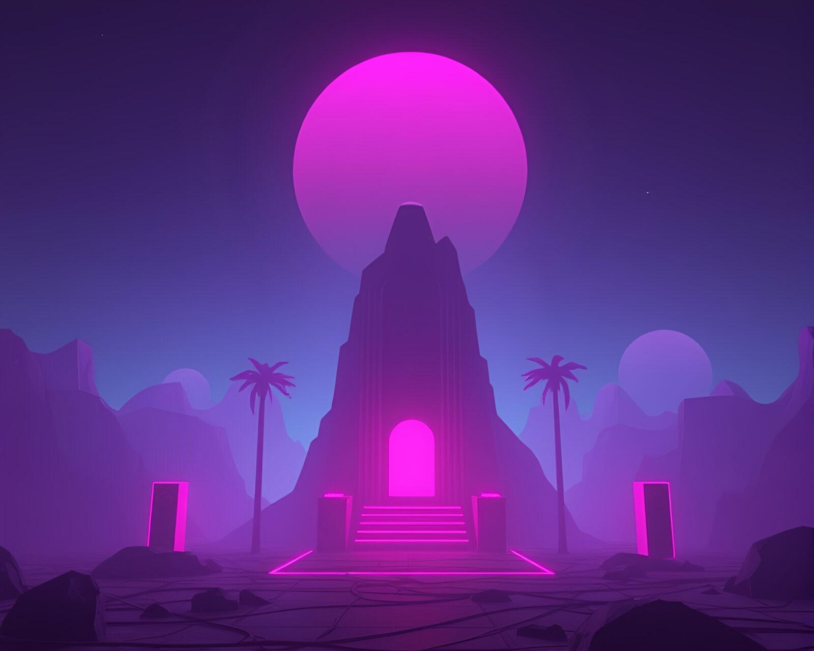 Dark low-poly 3D render in neon synthwave colors