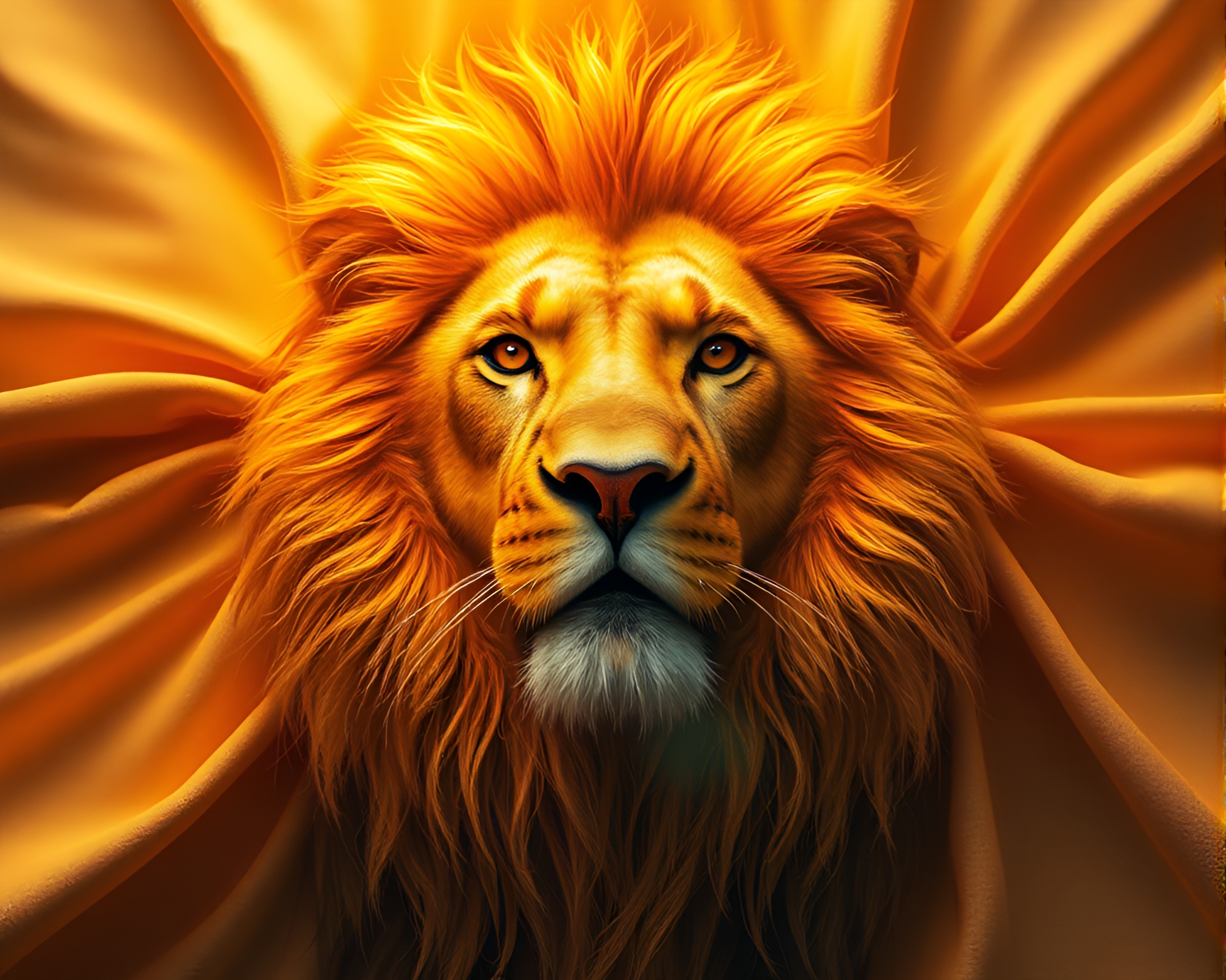 Majestic Lion Bathed in Sunlight Through Fabric Folds – free AI stock image