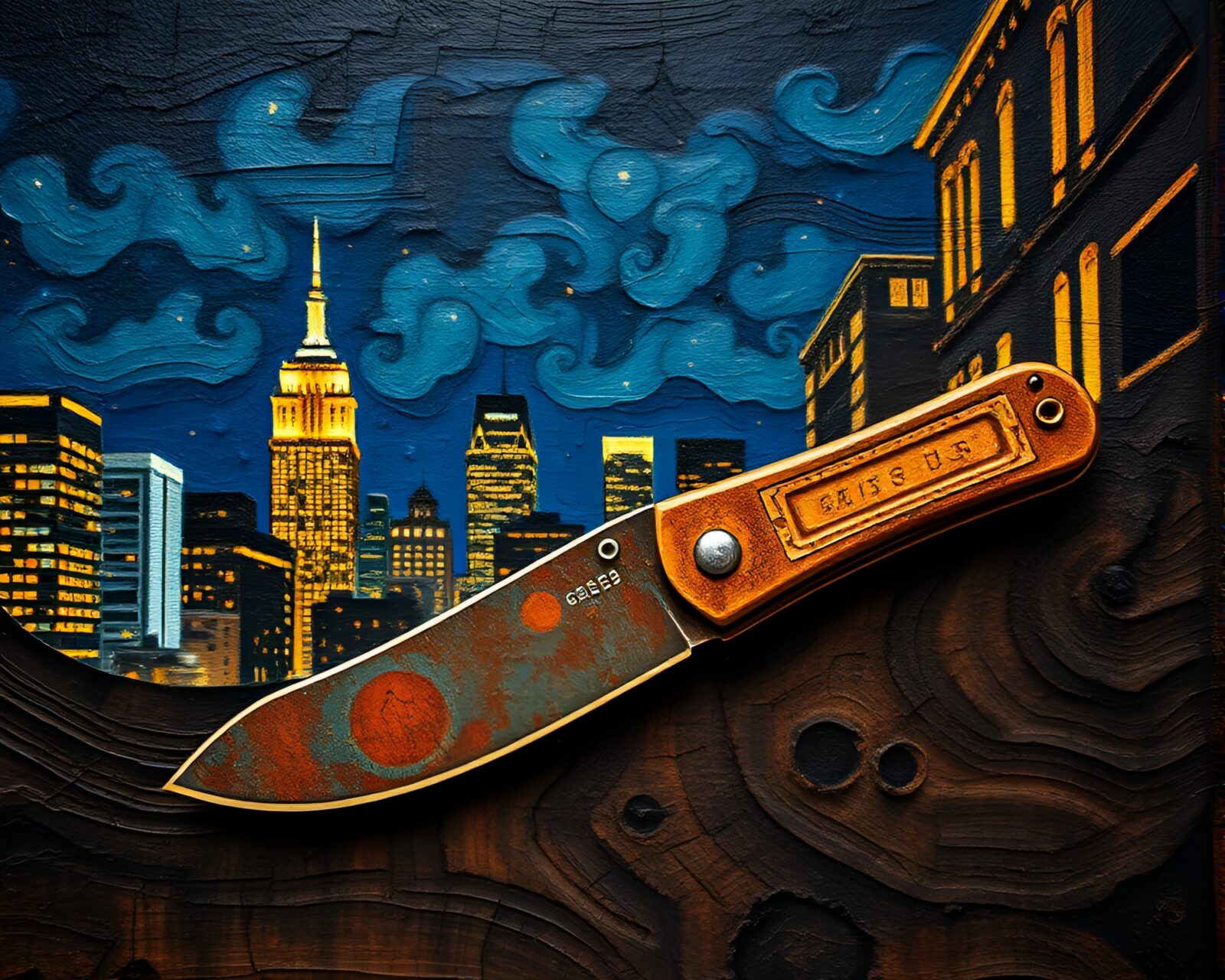 Detailed wood grain mural of a rusty pocketknife at night