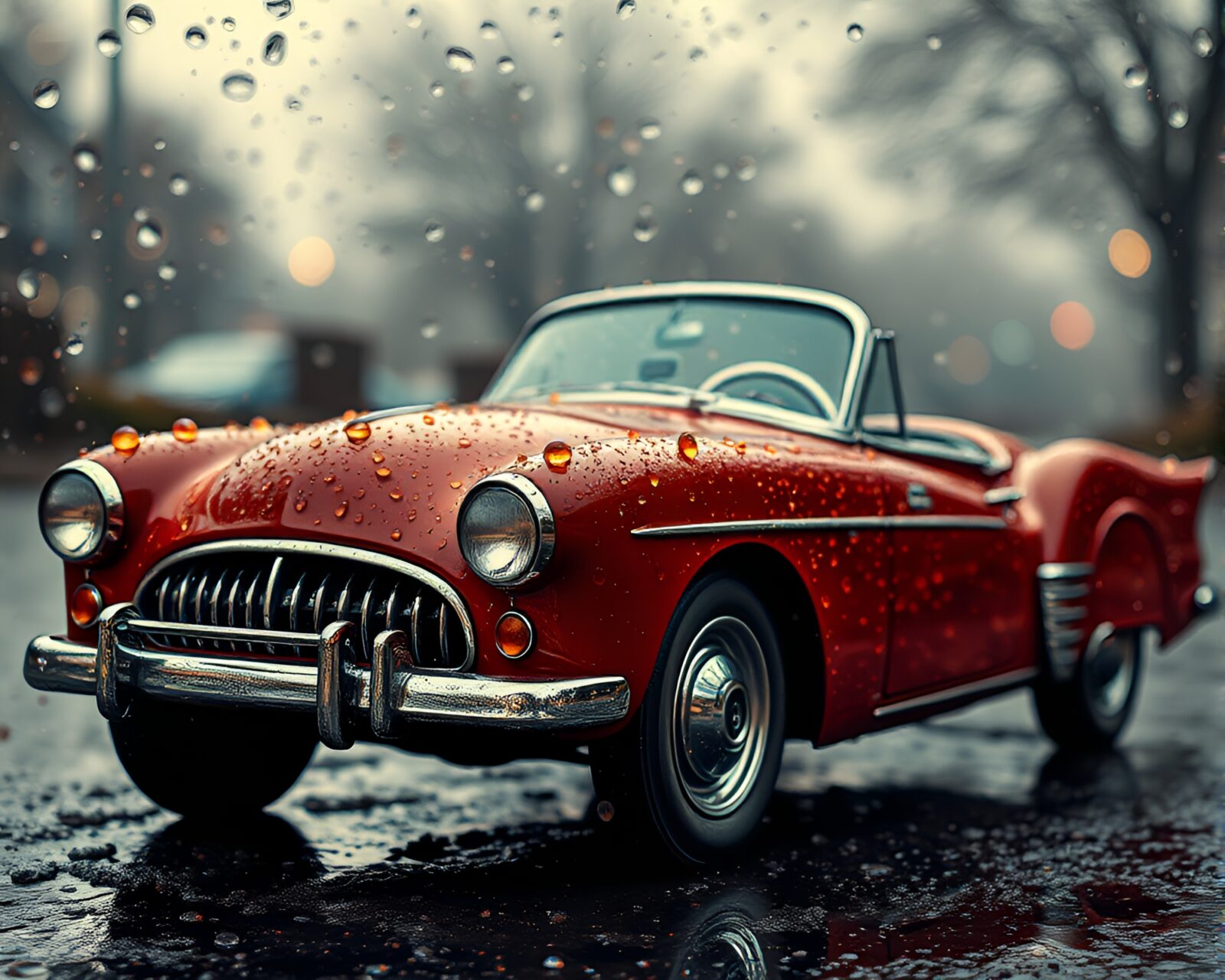 Vintage car seen through wet glass beads in rainbow colors