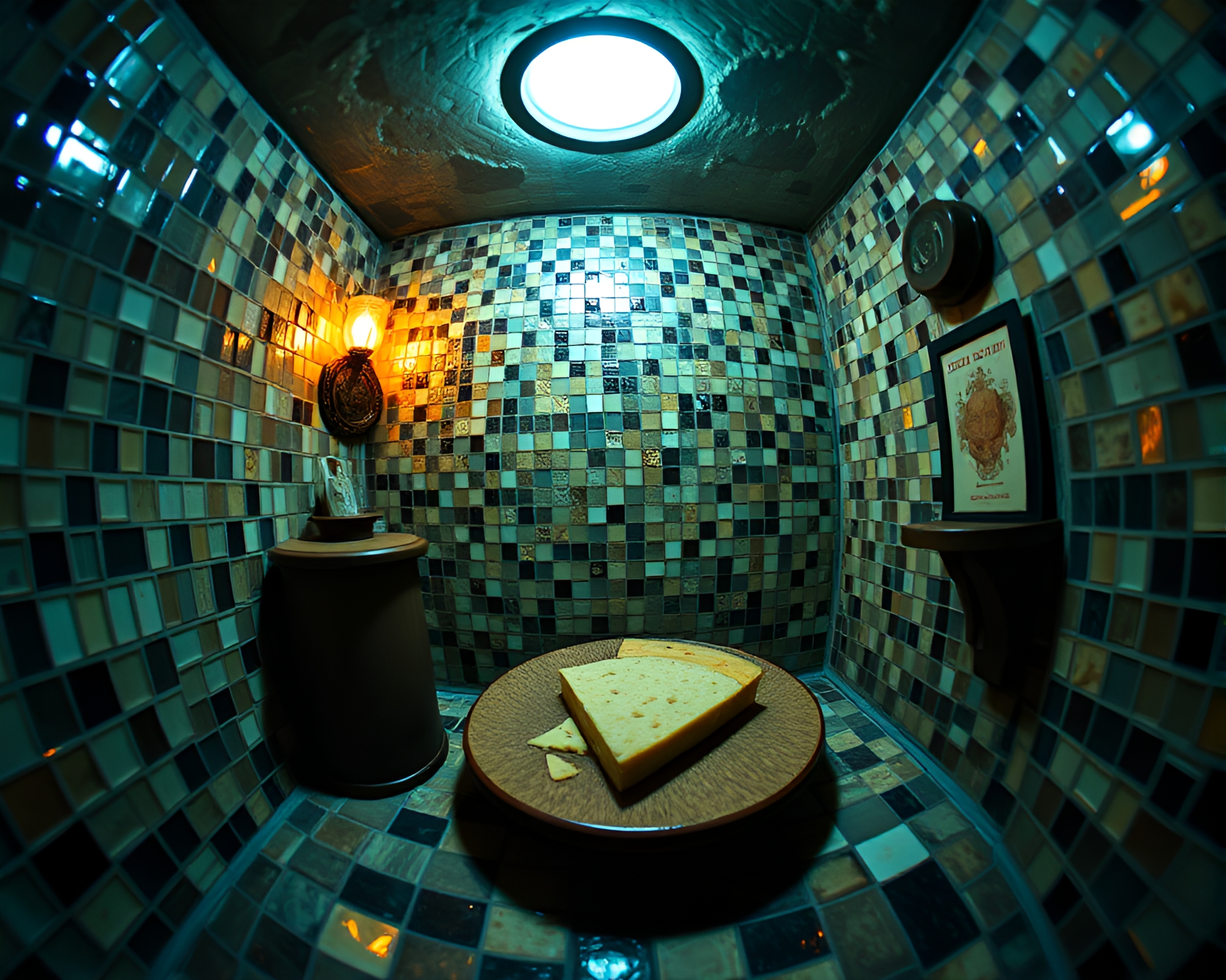 Mosaic Cheese Platter in Basement Glow – free AI stock image