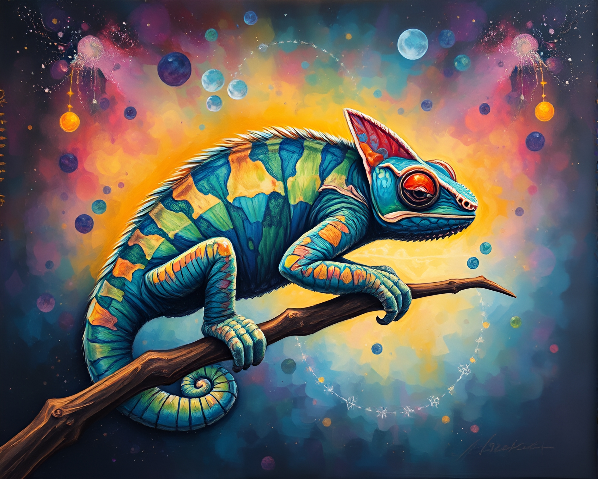 Chameleon in Cosmic Rainbow Impressionist Painting – free AI stock image