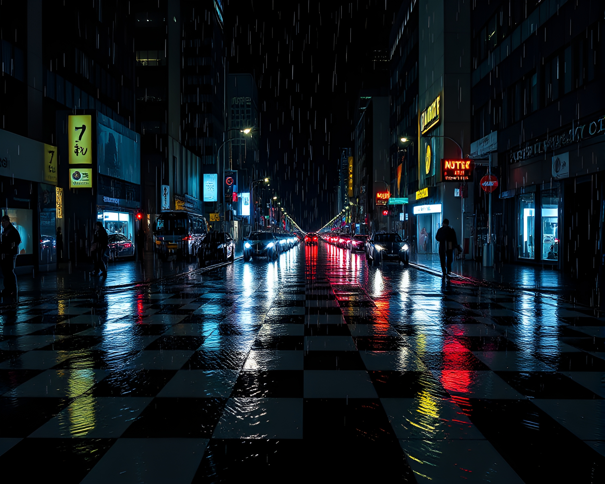 Rainy Android Cityscape in Op Art Checkered Light – free AI stock image