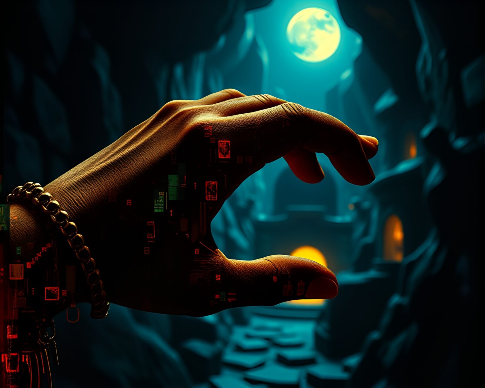 Digital art of a dark dungeon setting with a glowing bracelet in collage style