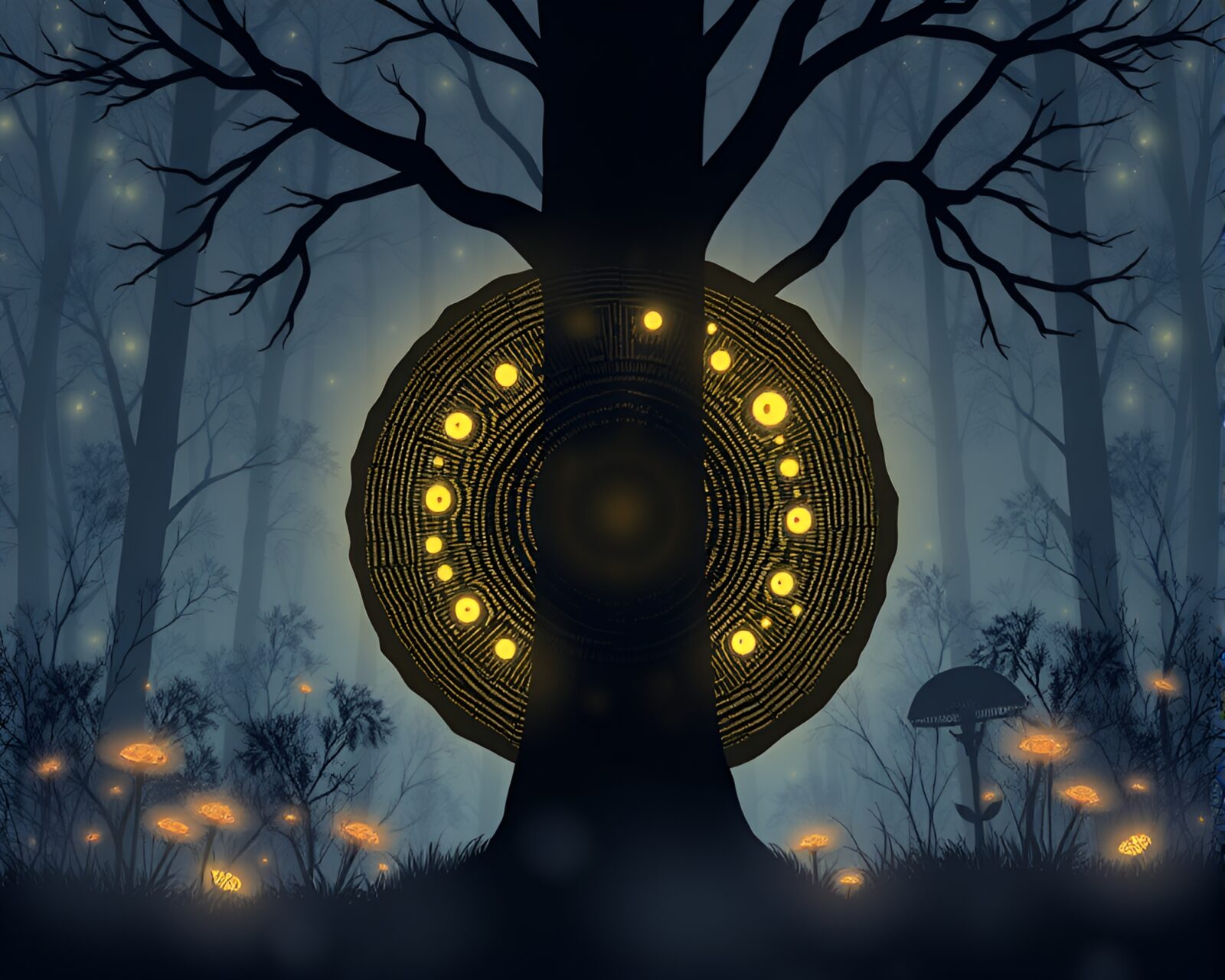 Mysterious tree ring patterns glowing in fungal bioluminescence