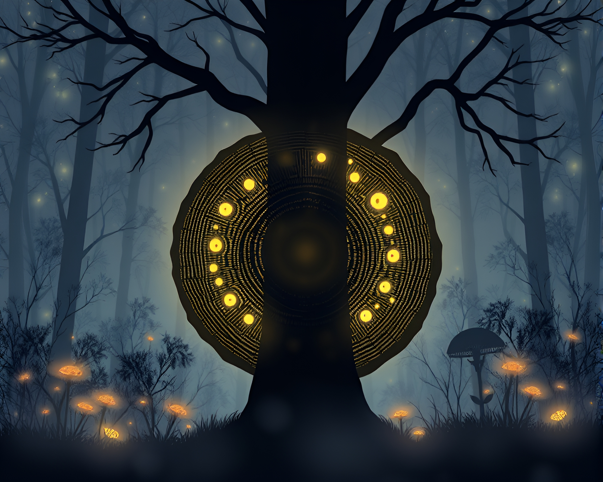 Bioluminescent Fungi in Misty Silhouette Forest – free AI stock image