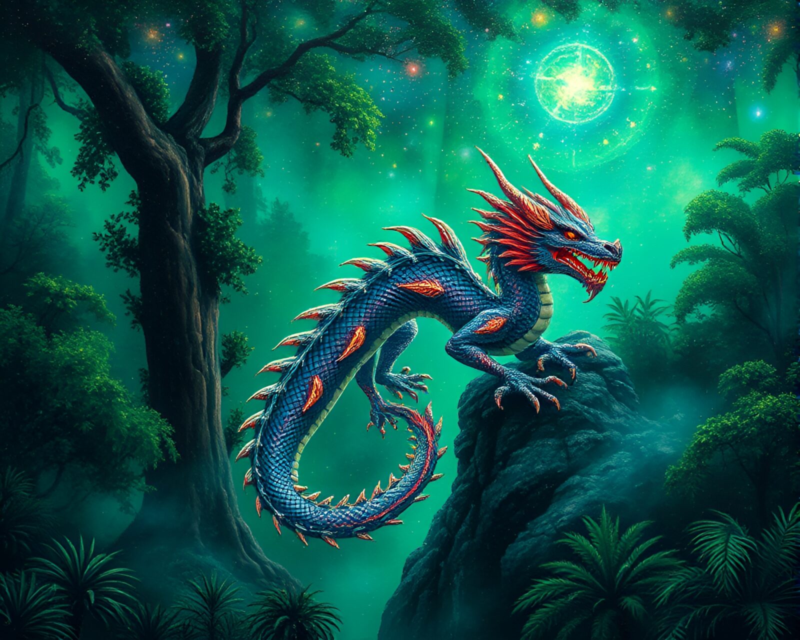 Expressionist painting of a celestial dragon in LED grid