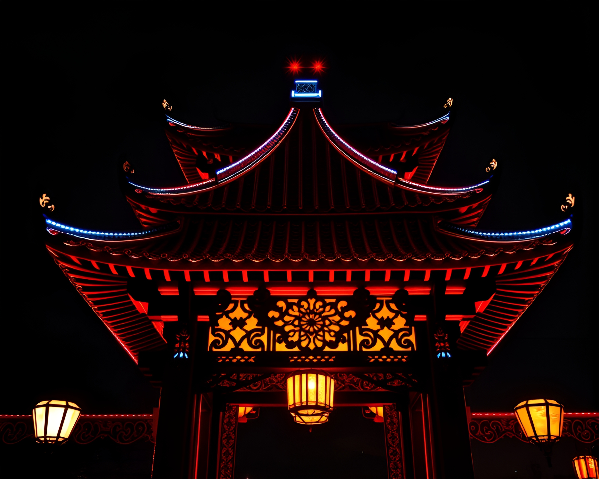 Ethereal Neon Pagoda with Intricate Floral Patterns – free AI stock image