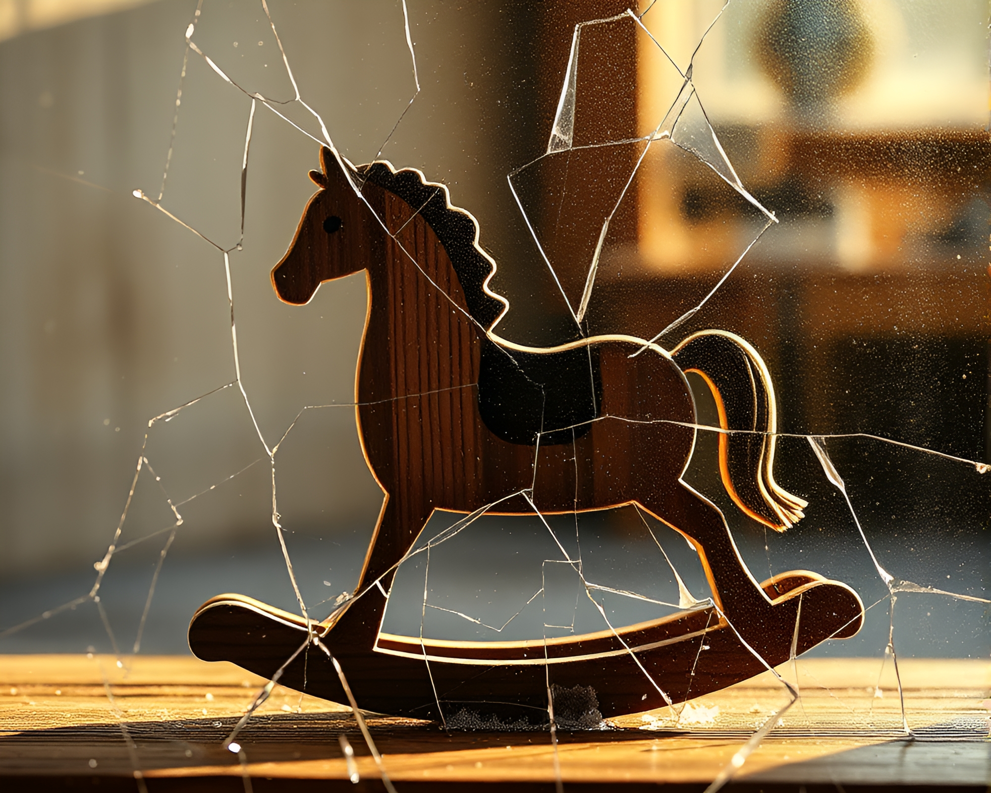 Vintage Rocking Horse Amidst Broken Glass Reflection – free AI stock image
