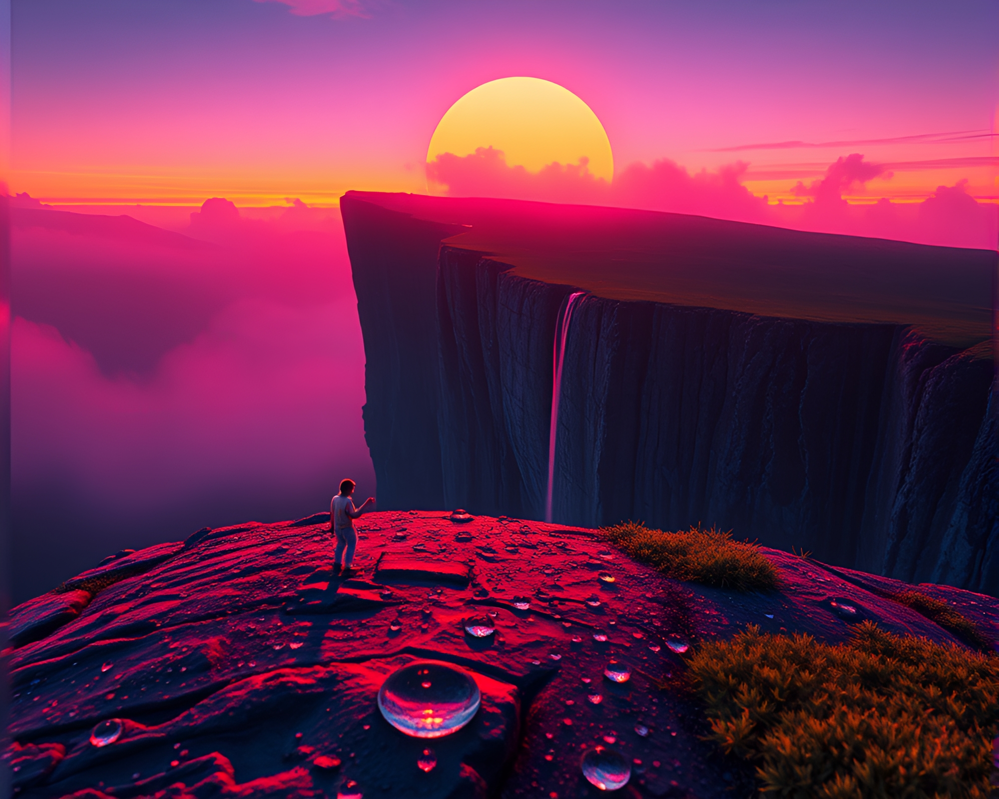 Neon Cliff Reflection: Dew Drops Synthwave Fantasy – free AI stock image