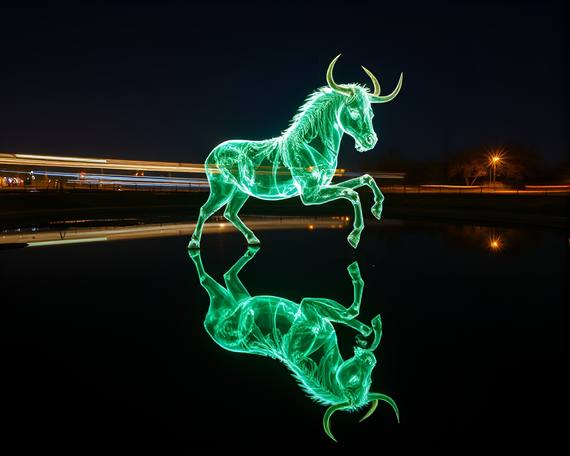 Majestic Minotaur: Bioluminescent Double Reflection – free AI stock image