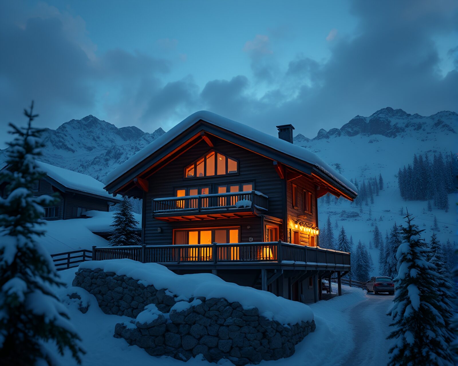 Stereoscopic 3D hatched Alpine chalet with dramatic rim lighting
