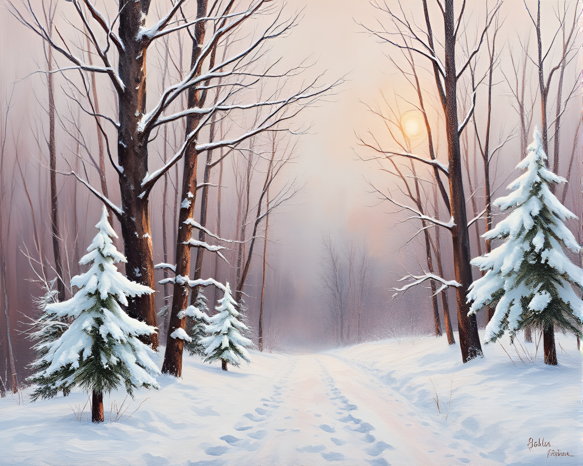 Glistening Winter Forest: Rose Gold Glow – free AI stock image