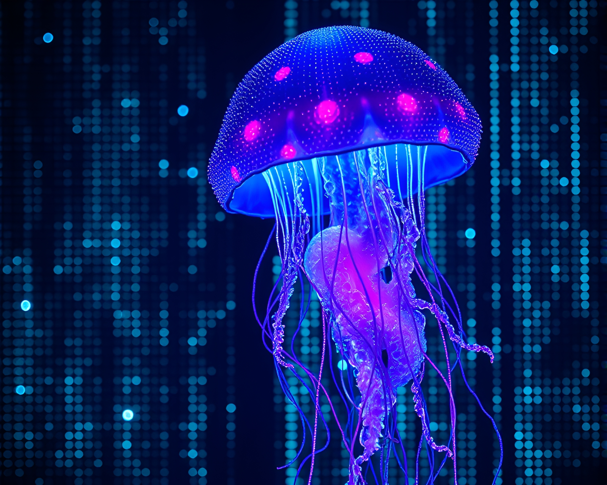 Cyberpunk LED Grid with Bioluminescent Jellyfish in Chiaroscuro – free AI stock image