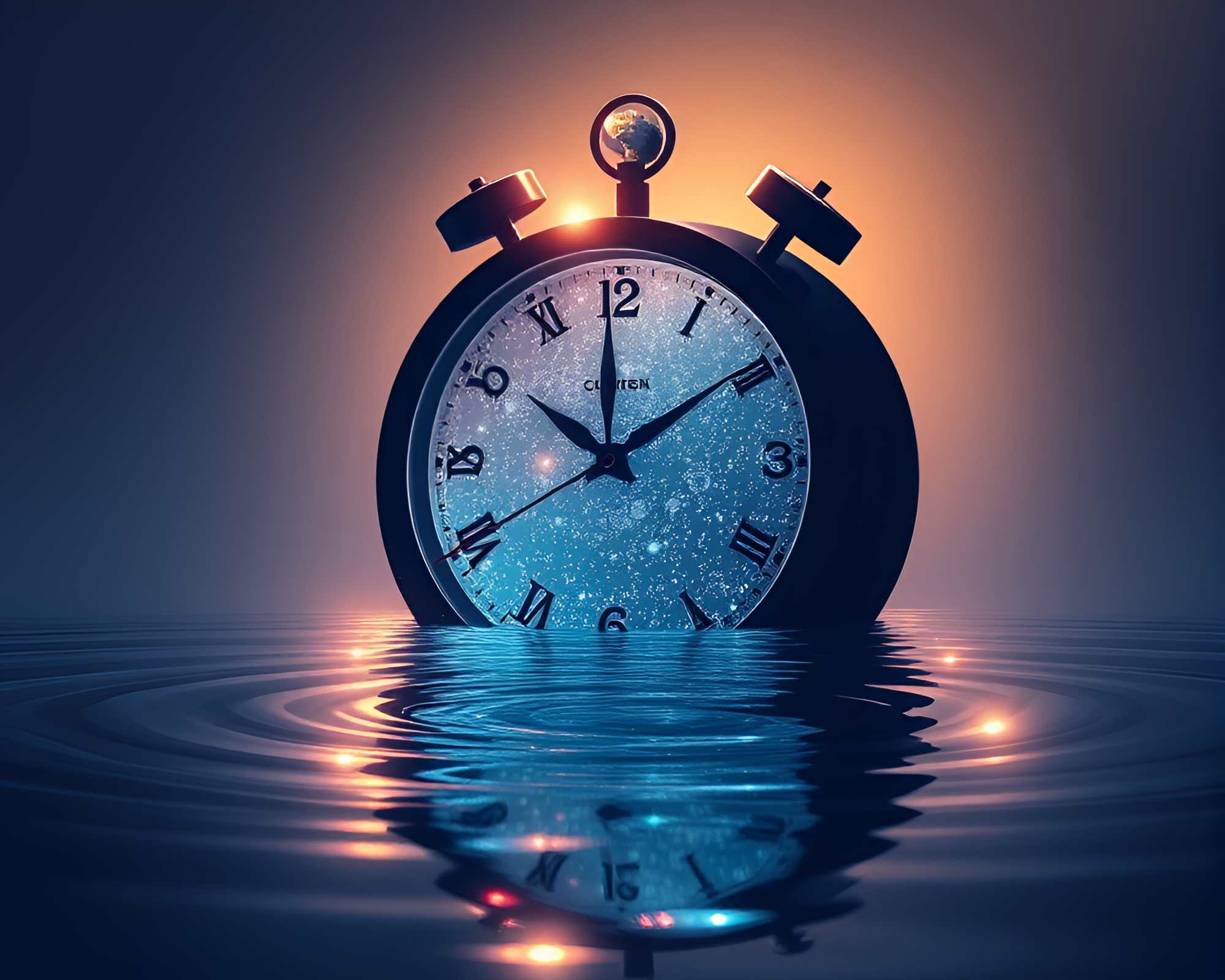 Chrono Clock in Waterscape: Phosphorescent Silhouette Illustration – free AI stock image