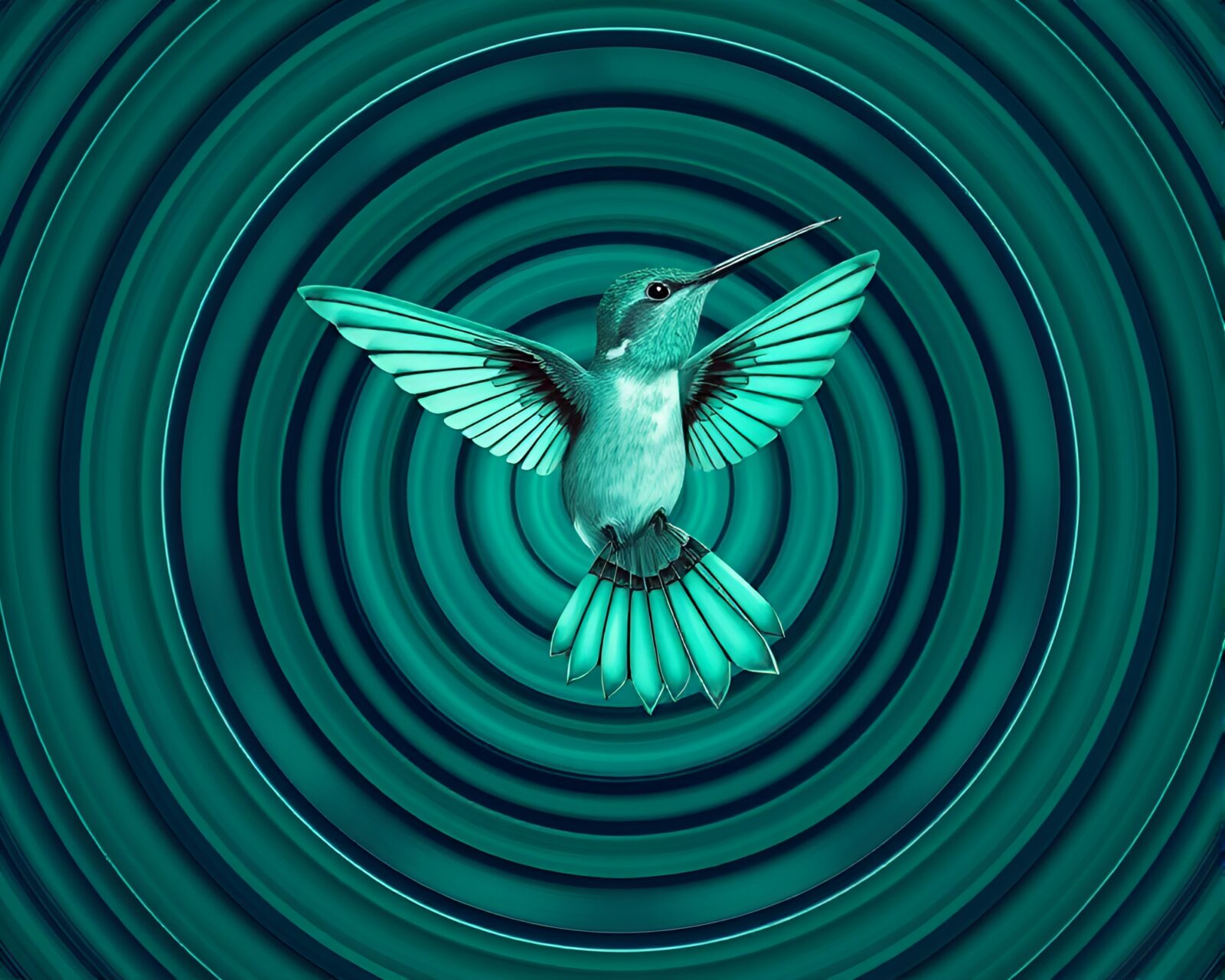Vibrant hummingbird surrounded by mint green concentric circles