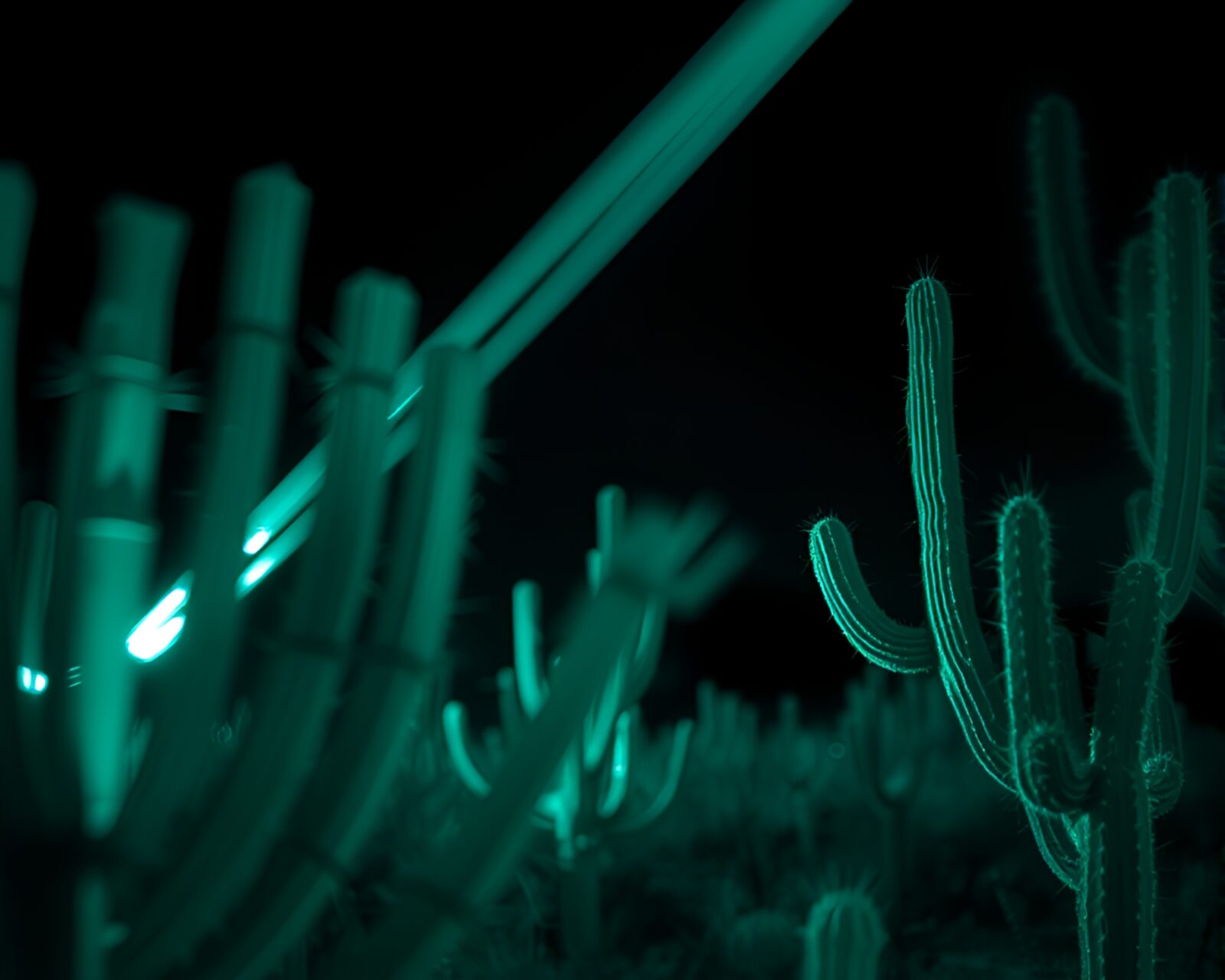 Abstracted cactus in distorted green glass under twilight sky
