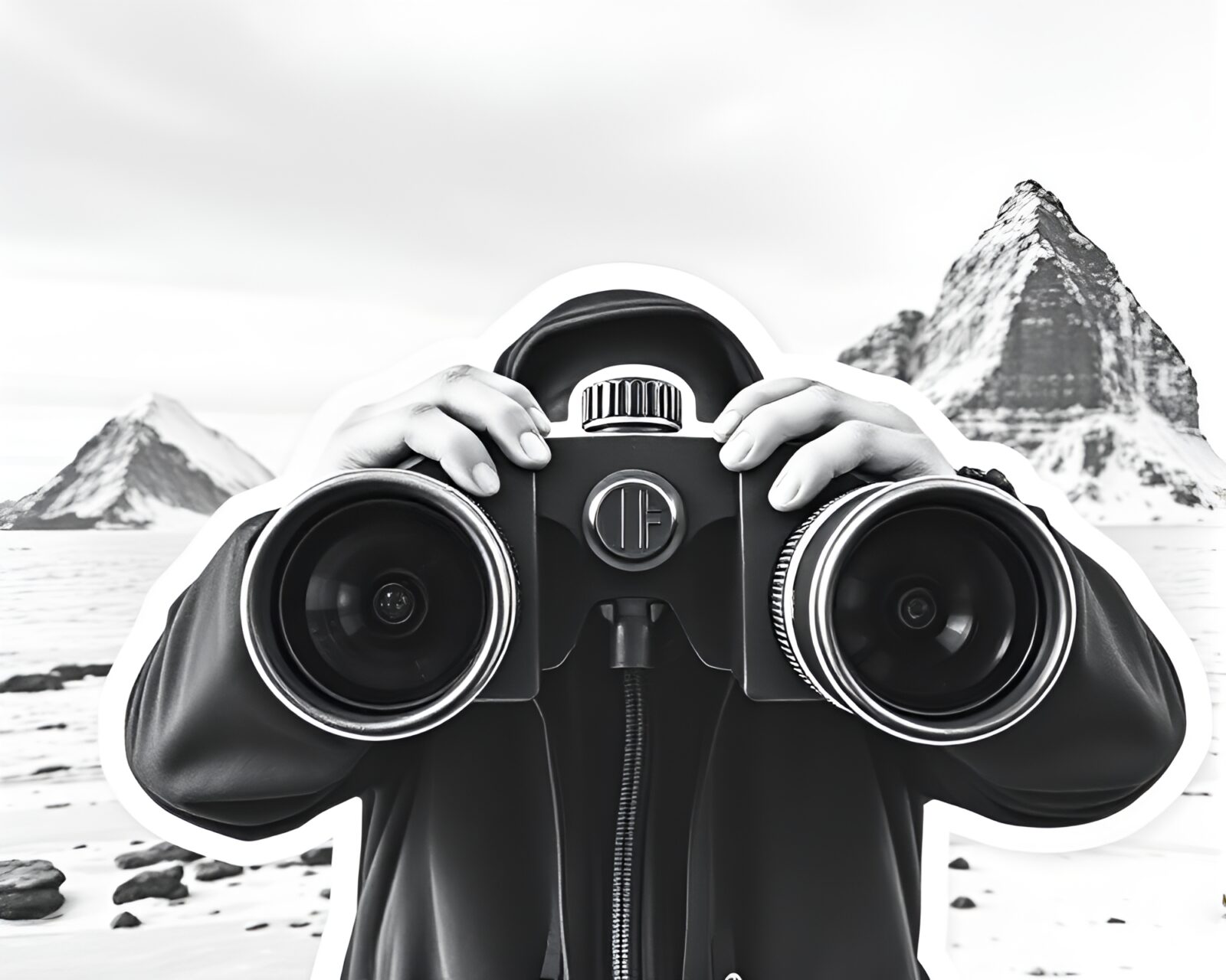 Abstract black and white collage of binoculars in snowy Antarctic wasteland