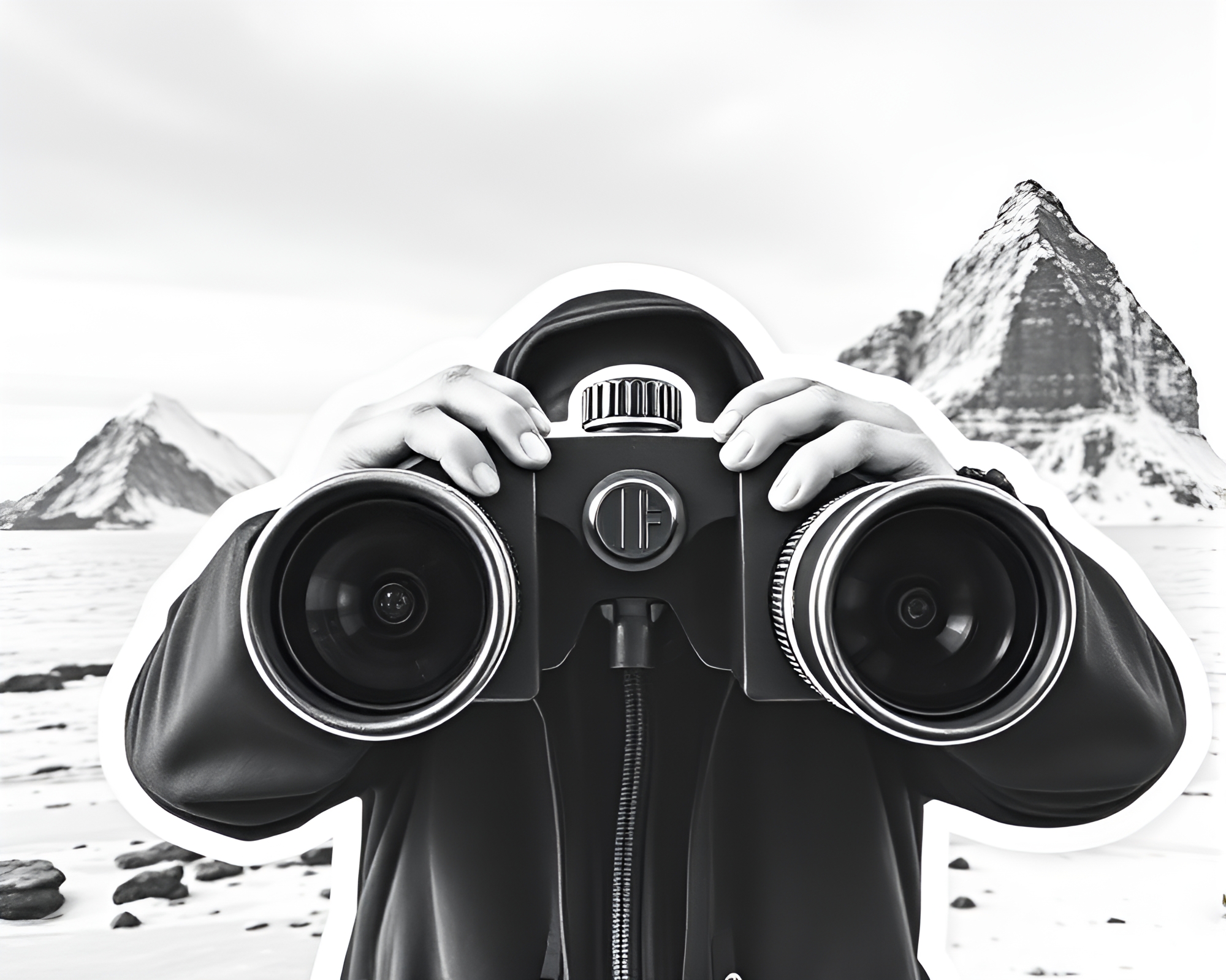 Binoculars in Antarctic Whiteout: Collage Cutouts B&W Art – free AI stock image