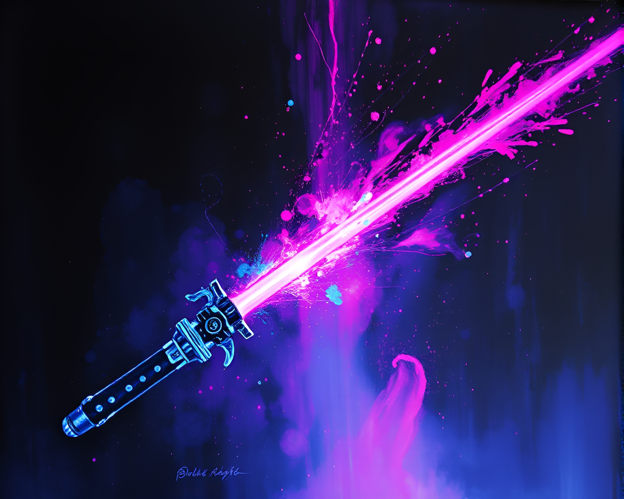 Phosphorescent Laser Sword in Ink Splashes – free AI stock image