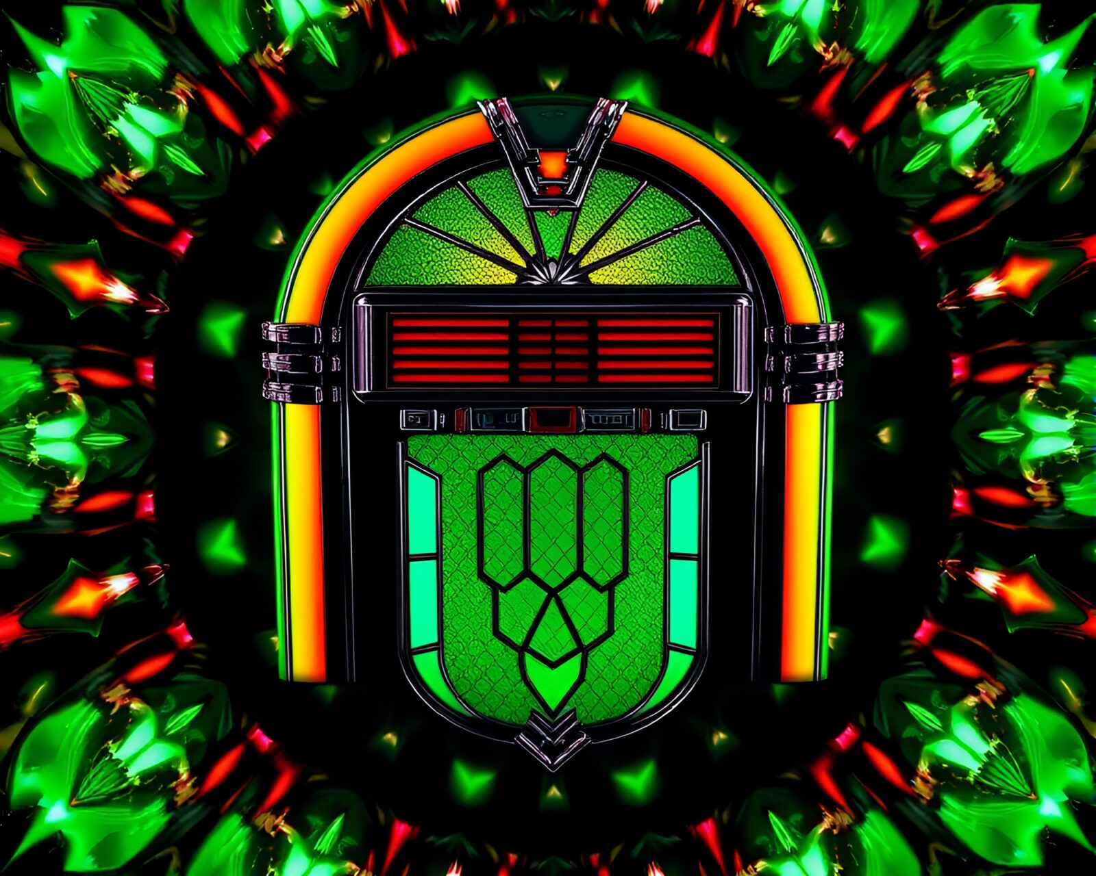 Symmetrical composition of a retro jukebox with green lights