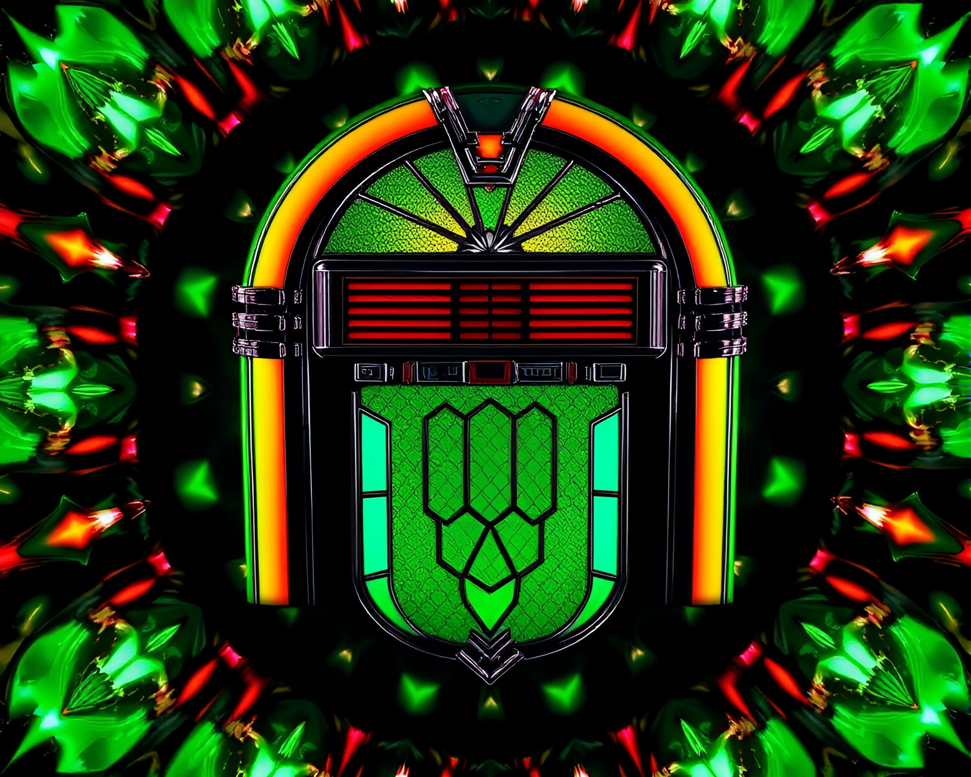 Retro Jukebox Fractal Art with Emerald Green Highlights – free AI stock image