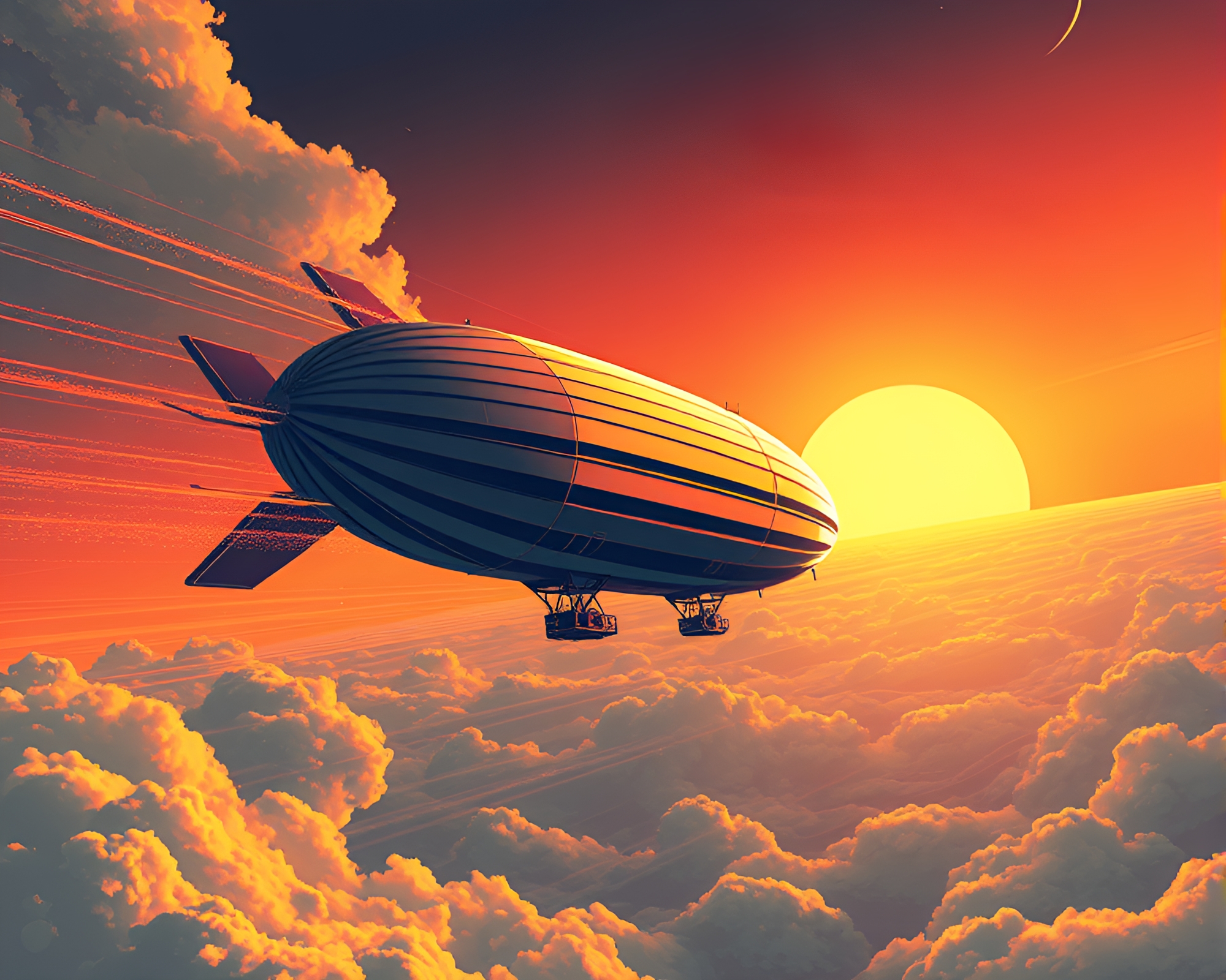 Futuristic Zoom Burst Zeppelin at Sunset-Orange Gradient – free AI stock image