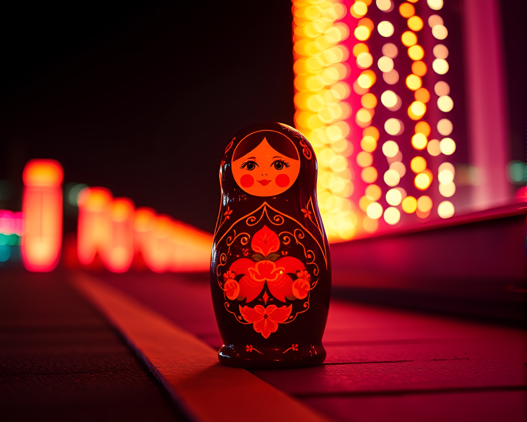 Matryoshka Doll Leading Lines in Neon Noir Scene – free AI stock image
