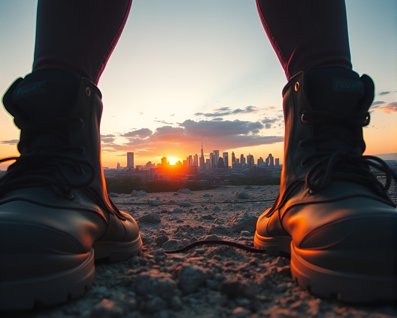 Colorful skyline view at sunset with gravity boots