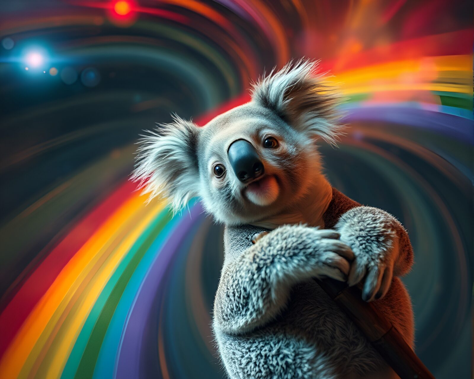 Whimsical tilt-shift photo of koala in swirling rainbow