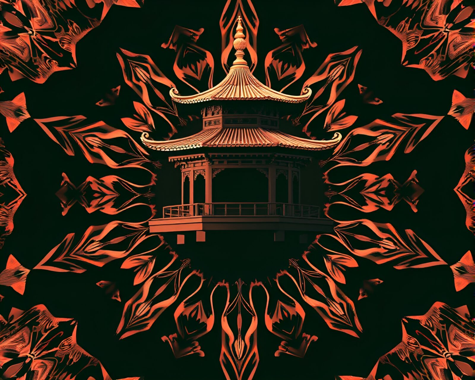 Elegant pagoda with radial symmetry and rose gold hues